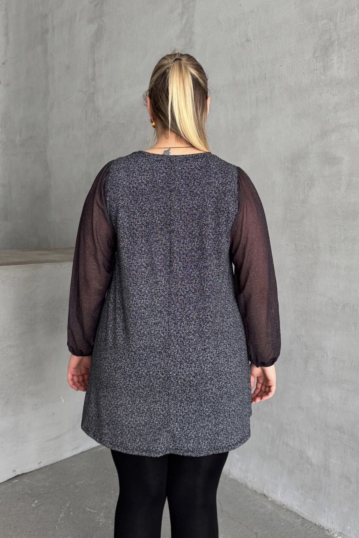 Büyük Beden Uzun Tül Kol V Yaka Bilekleri Lastikli Simli Bluz 78-132