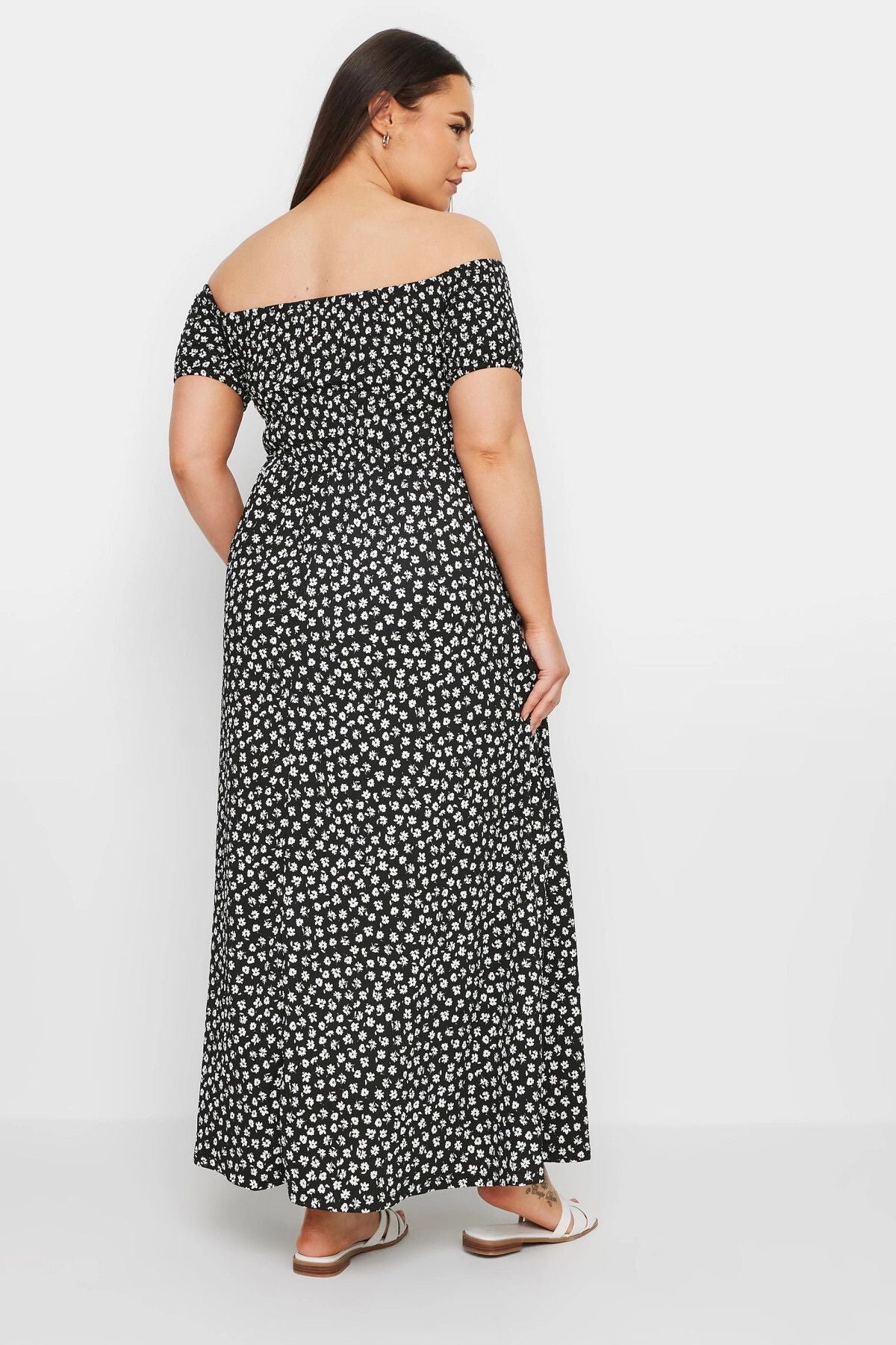 Büyük Beden Carmen Yaka Kısa Kollu Desenli Uzun Elbise 303282