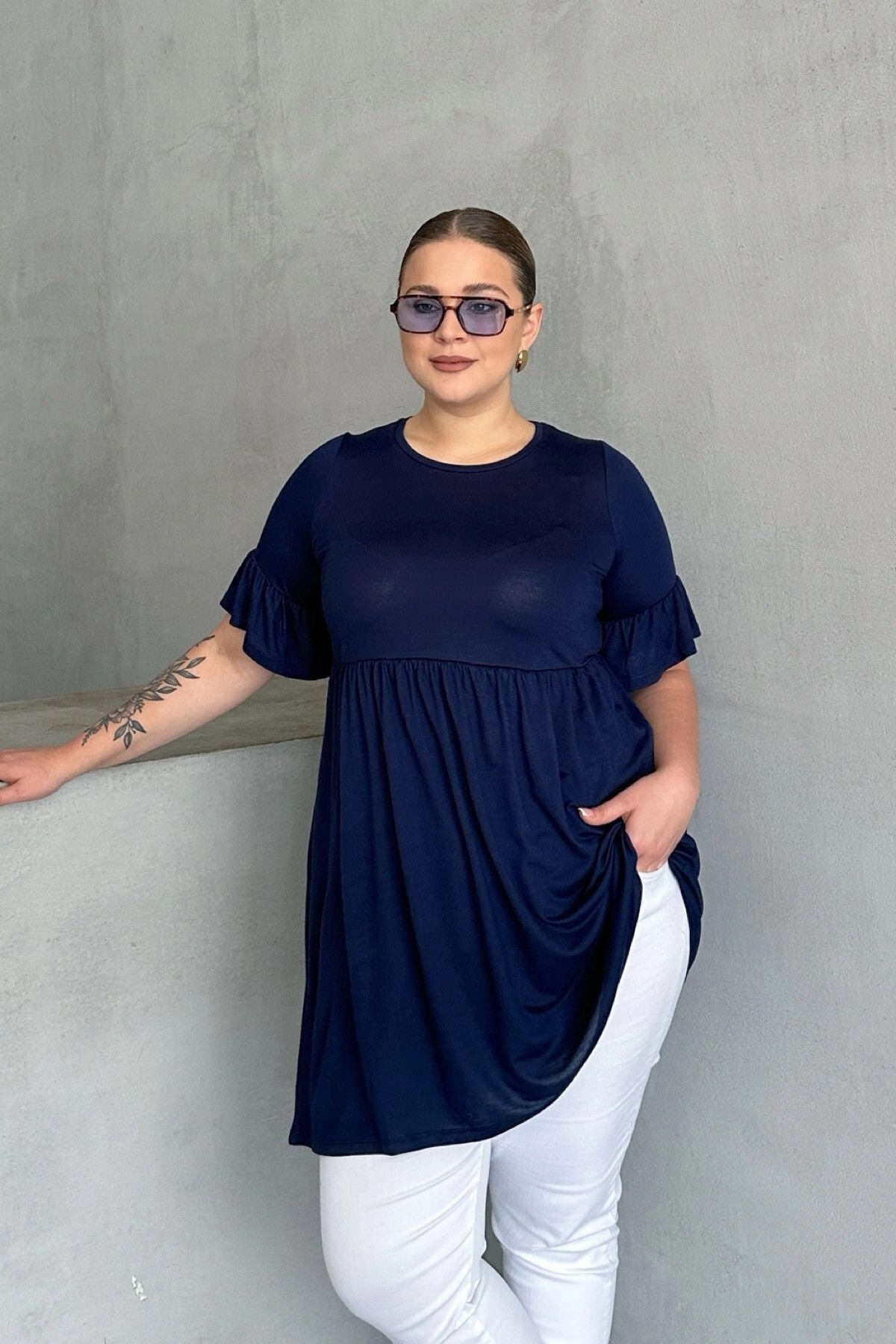 Büyük Beden Kol Detaylı Beli Lastikli Pileli Tunik T-shirt T42