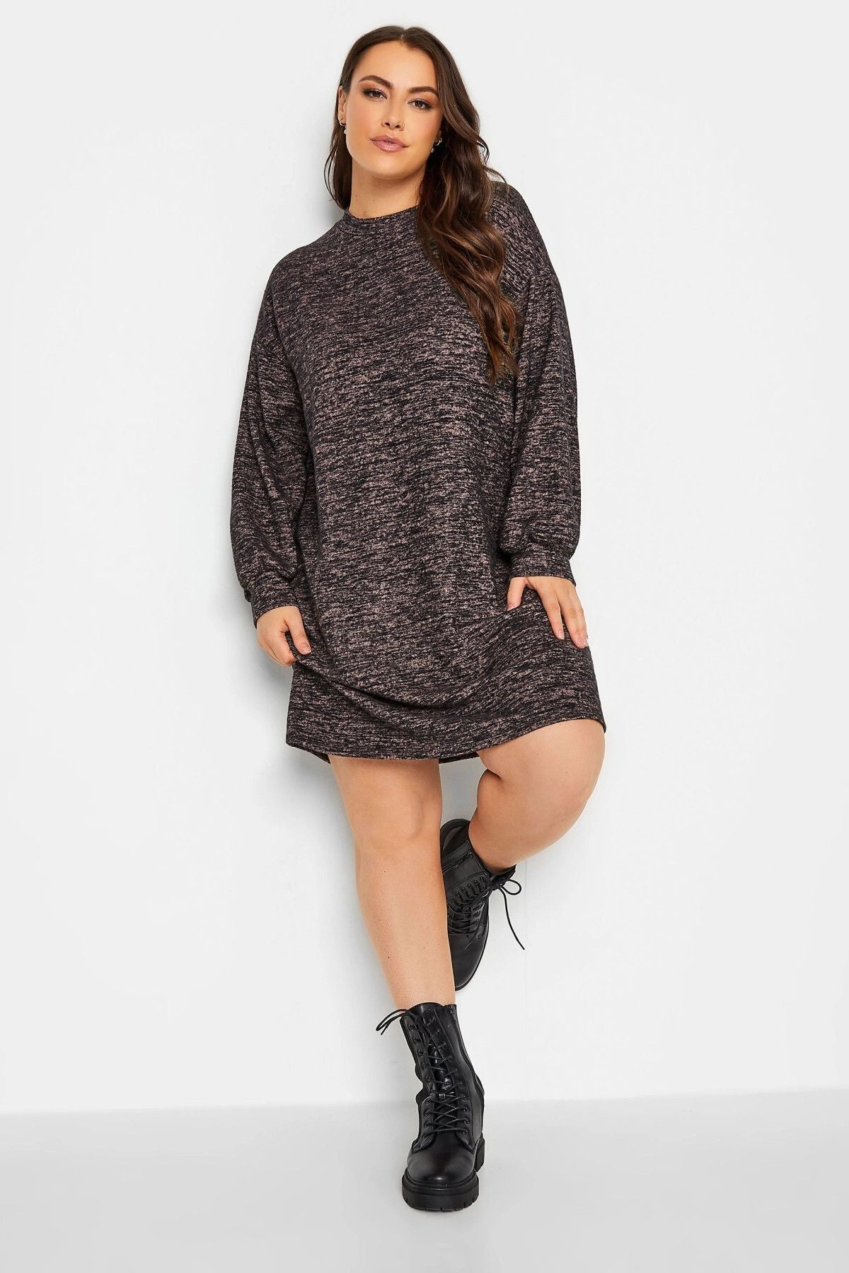 Büyük Beden Likralı Uzun Kollu Yuvarlak Yaka Triko Elbise 301743