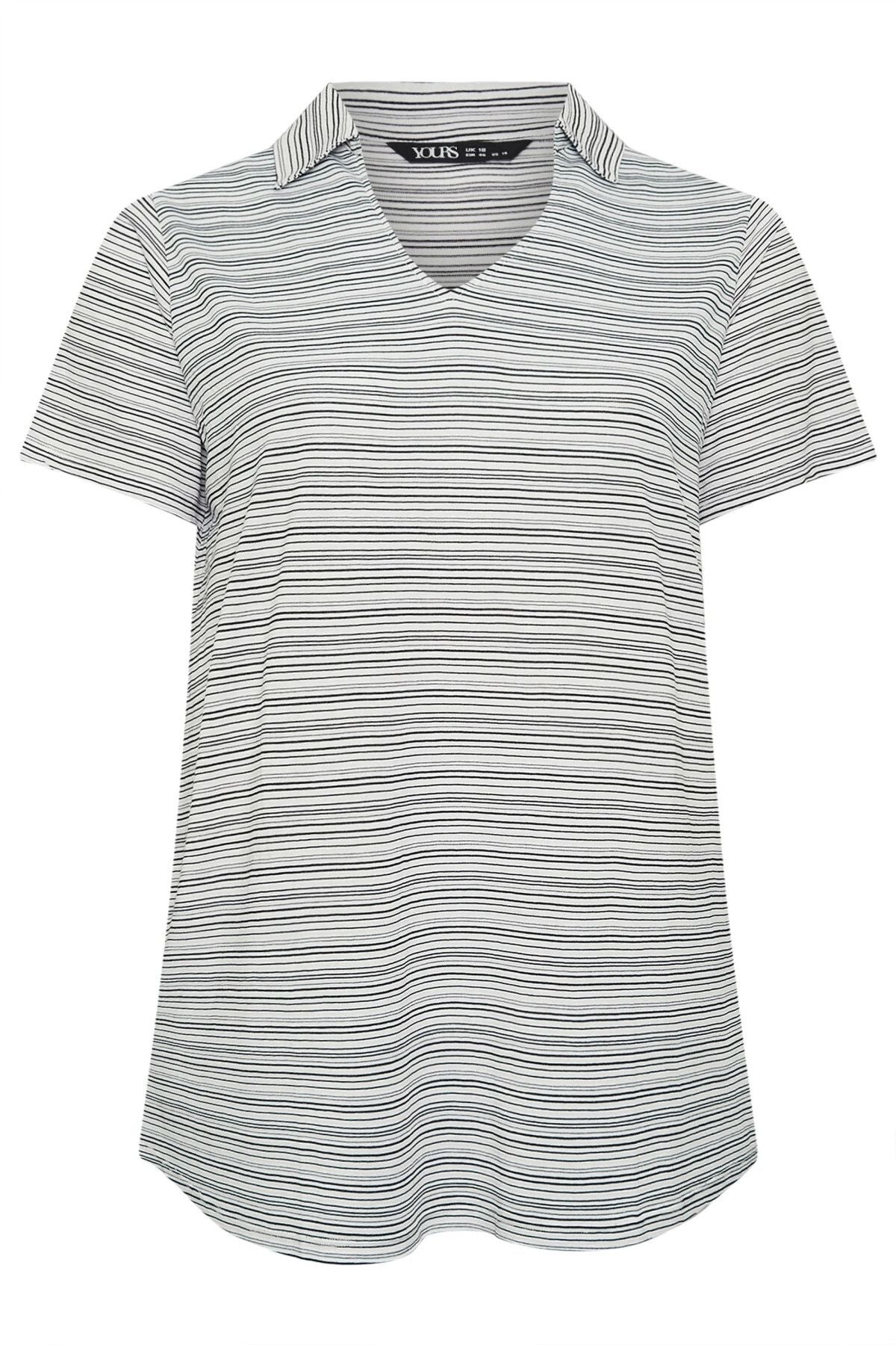 Büyük Beden Kısa Kol V Gömlek Yaka Çizgili Bluz 303436