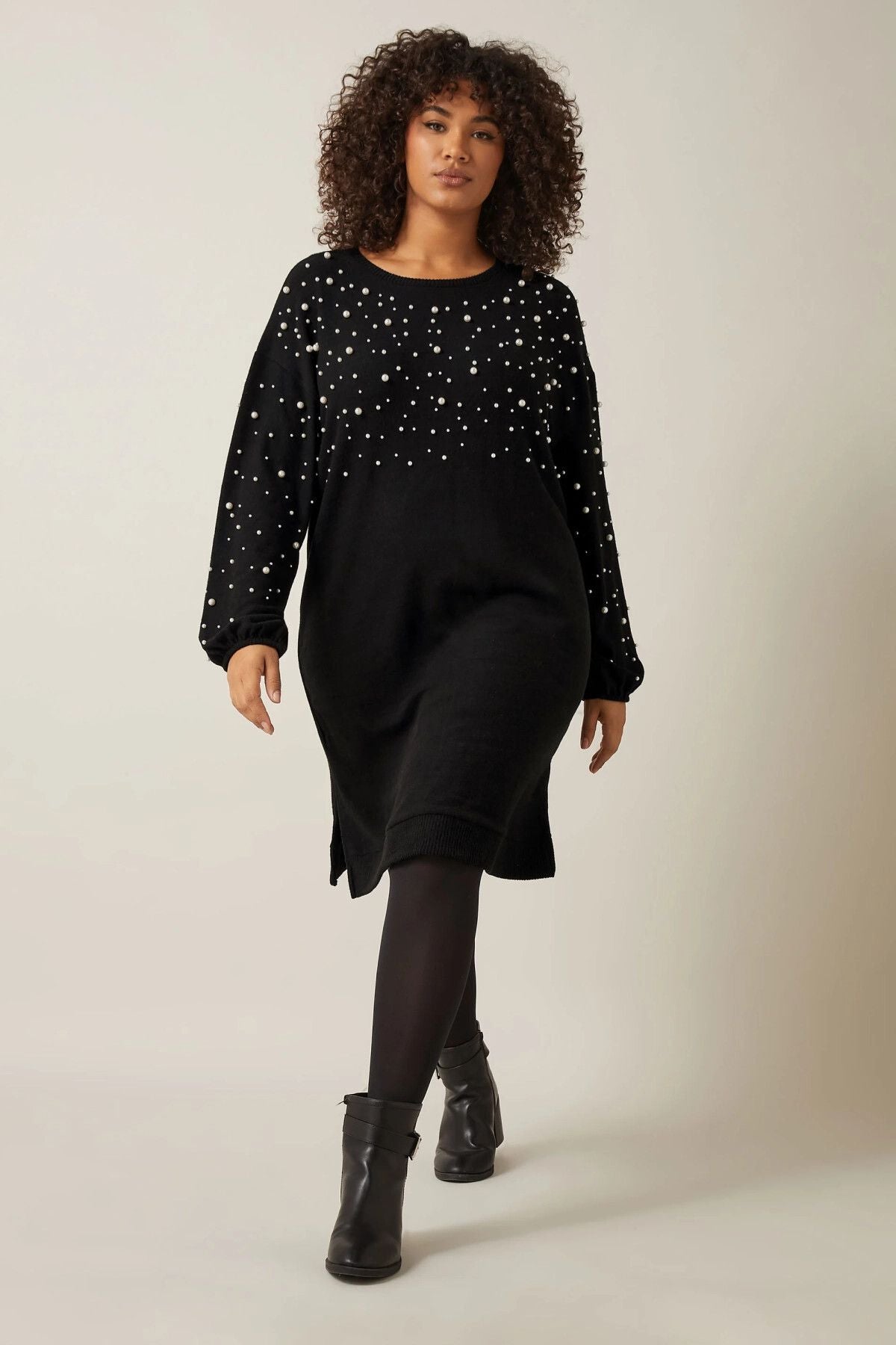 Büyük Beden Bisiklet Yaka Balon Kol Boncuk İşlemeli Triko Elbise 615669