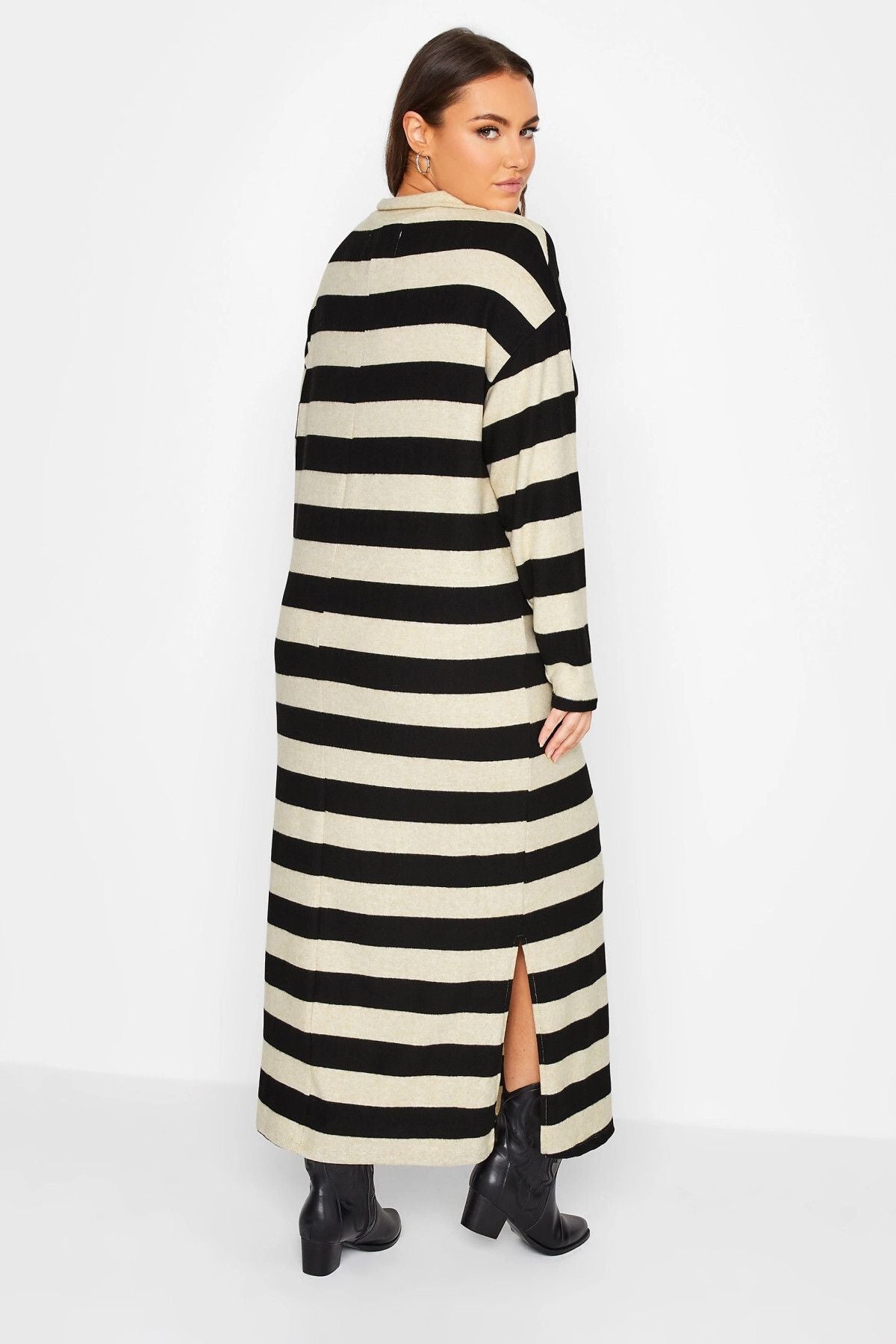 Büyük Beden Yakası Fermuar Detaylı Uzun Kollu Çizgili Yırtmaçlı Elbise 301483