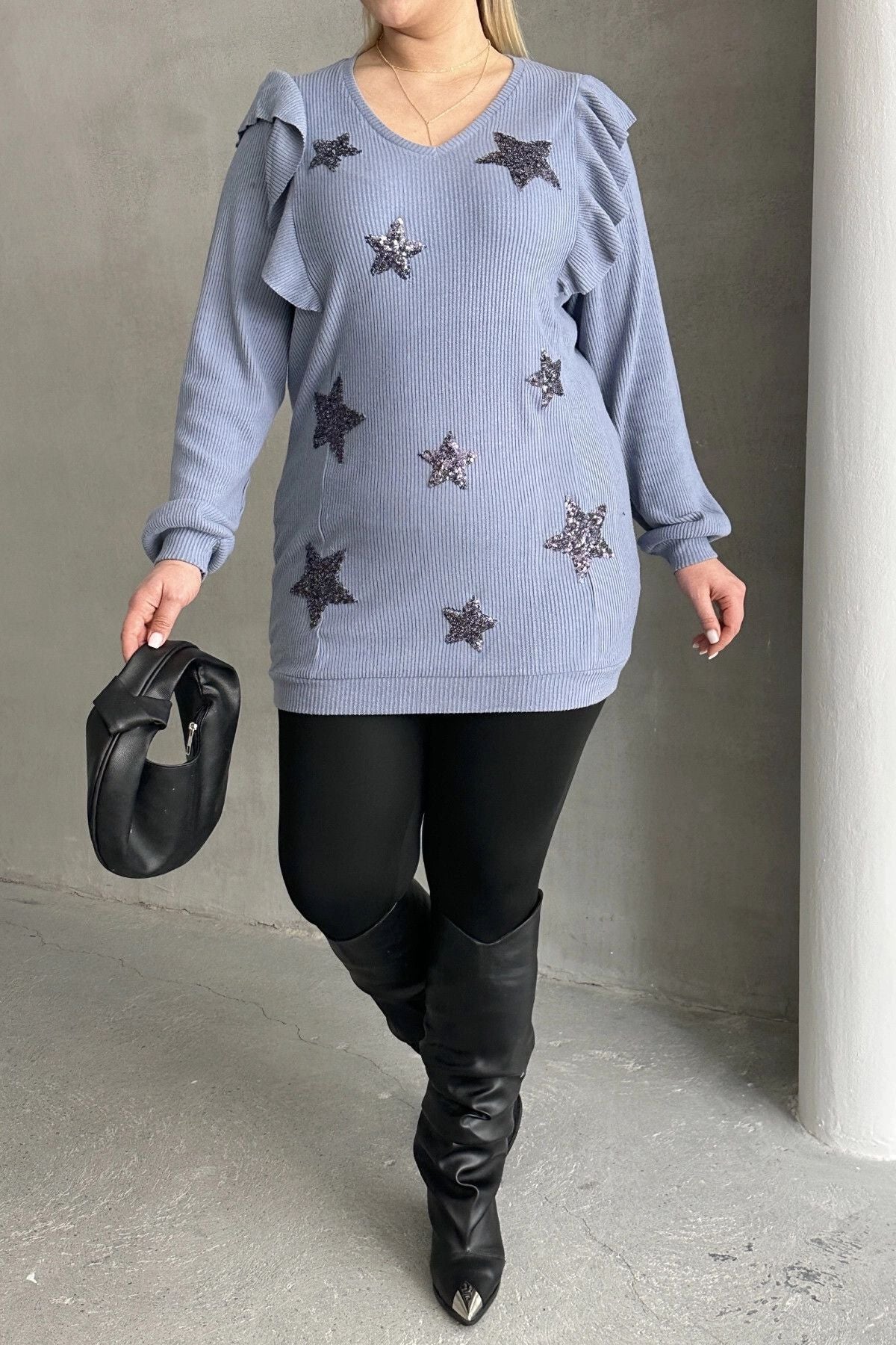 Büyük Beden Uzun Kolları Fırfırlı Yıldız Desen İşlemeli Bluz 301234