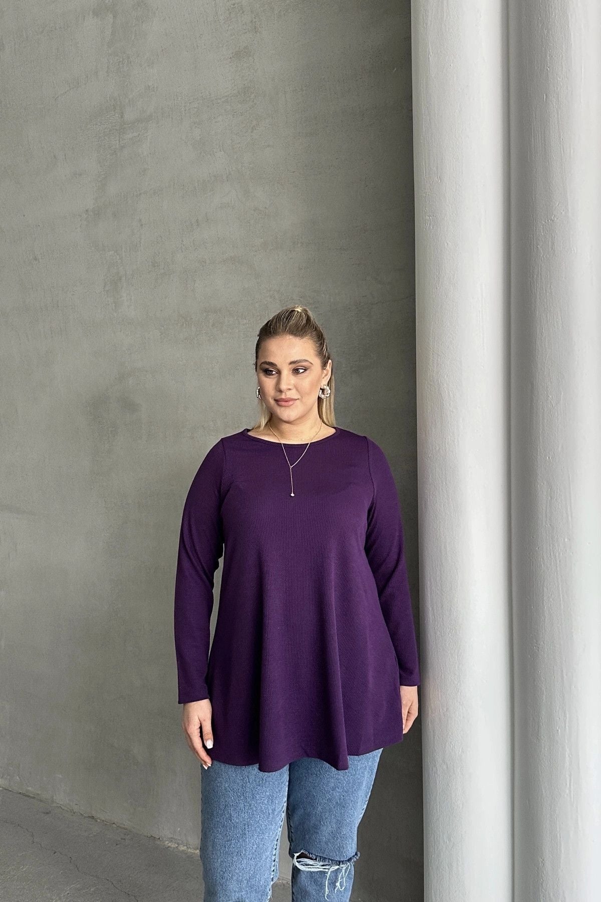 Büyük Beden Uzun Kollu Bisiklet Yaka Fitilli Bluz 100-123