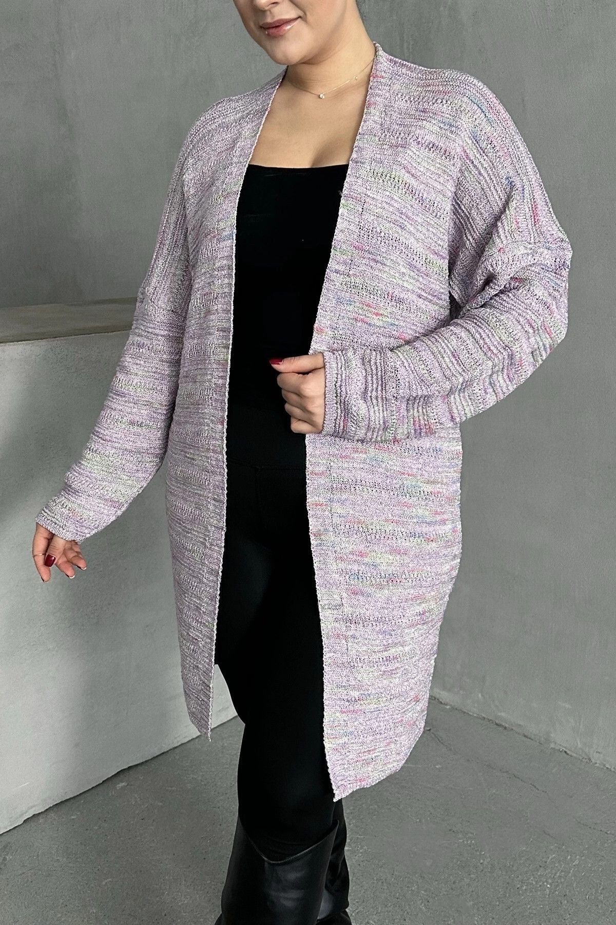 Büyük Beden Uzun Kollu Önü Kapamasız İnce Örme Hırka 302300