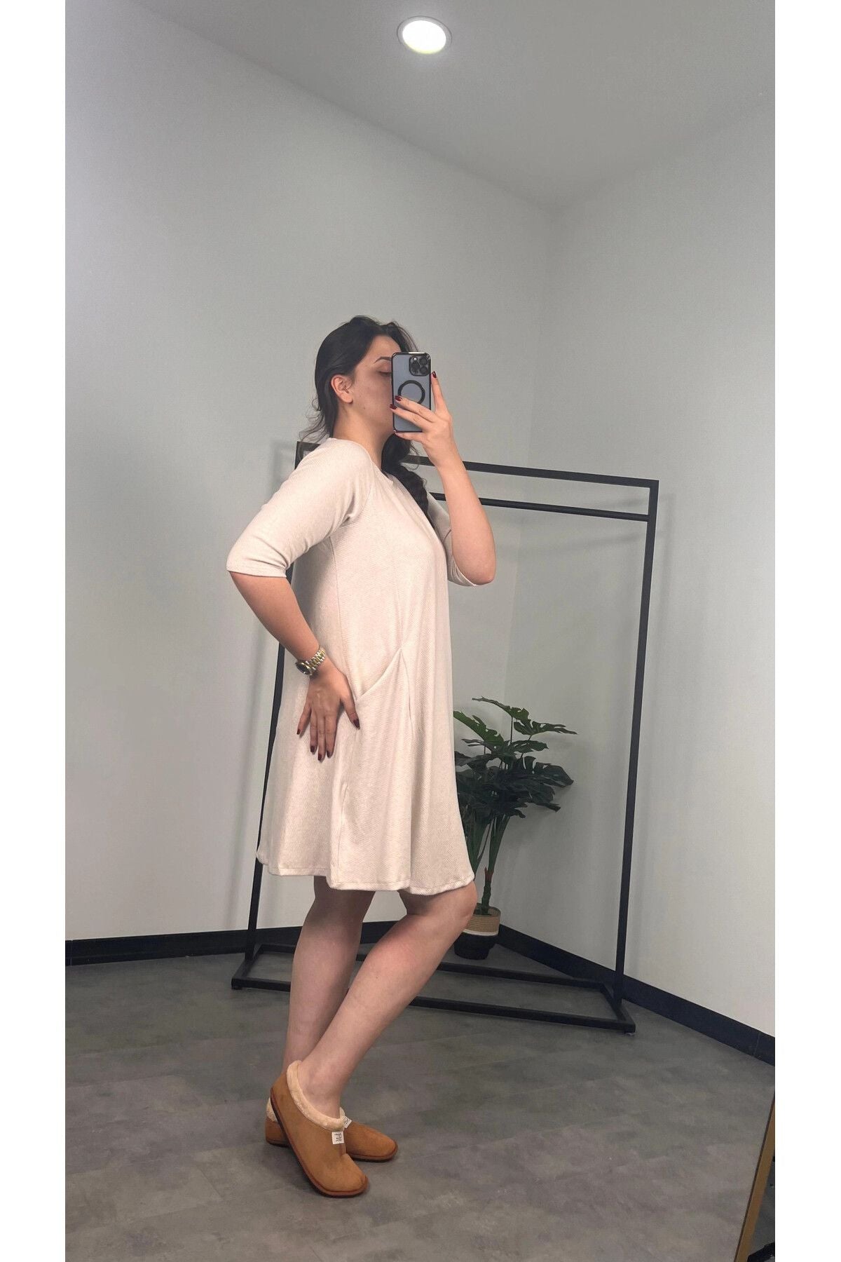 Büyük Beden Fakir Kol Bisiklet Yaka Cepli Elbise 301598