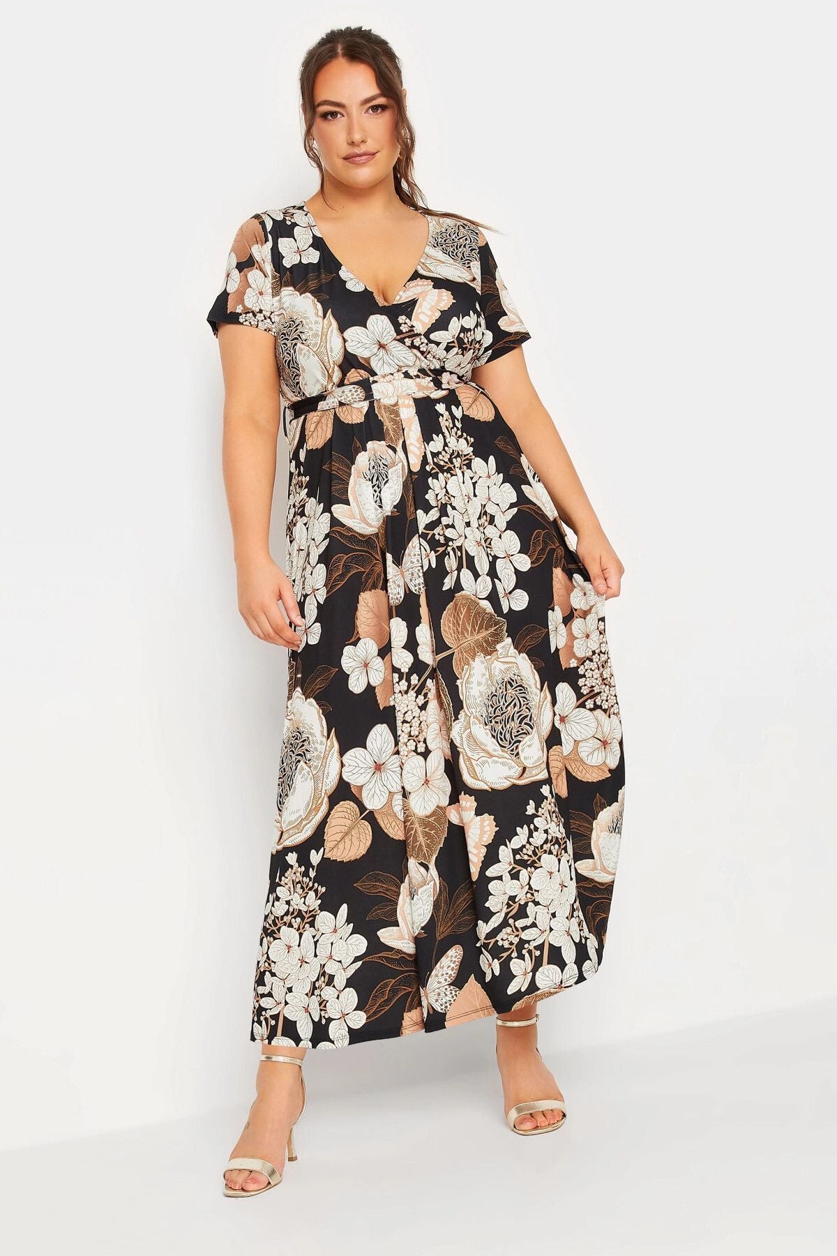 Büyük Beden V Yaka Desenli Kuşaklı Likralı Yarım Kol Anvelop Elbise 302154