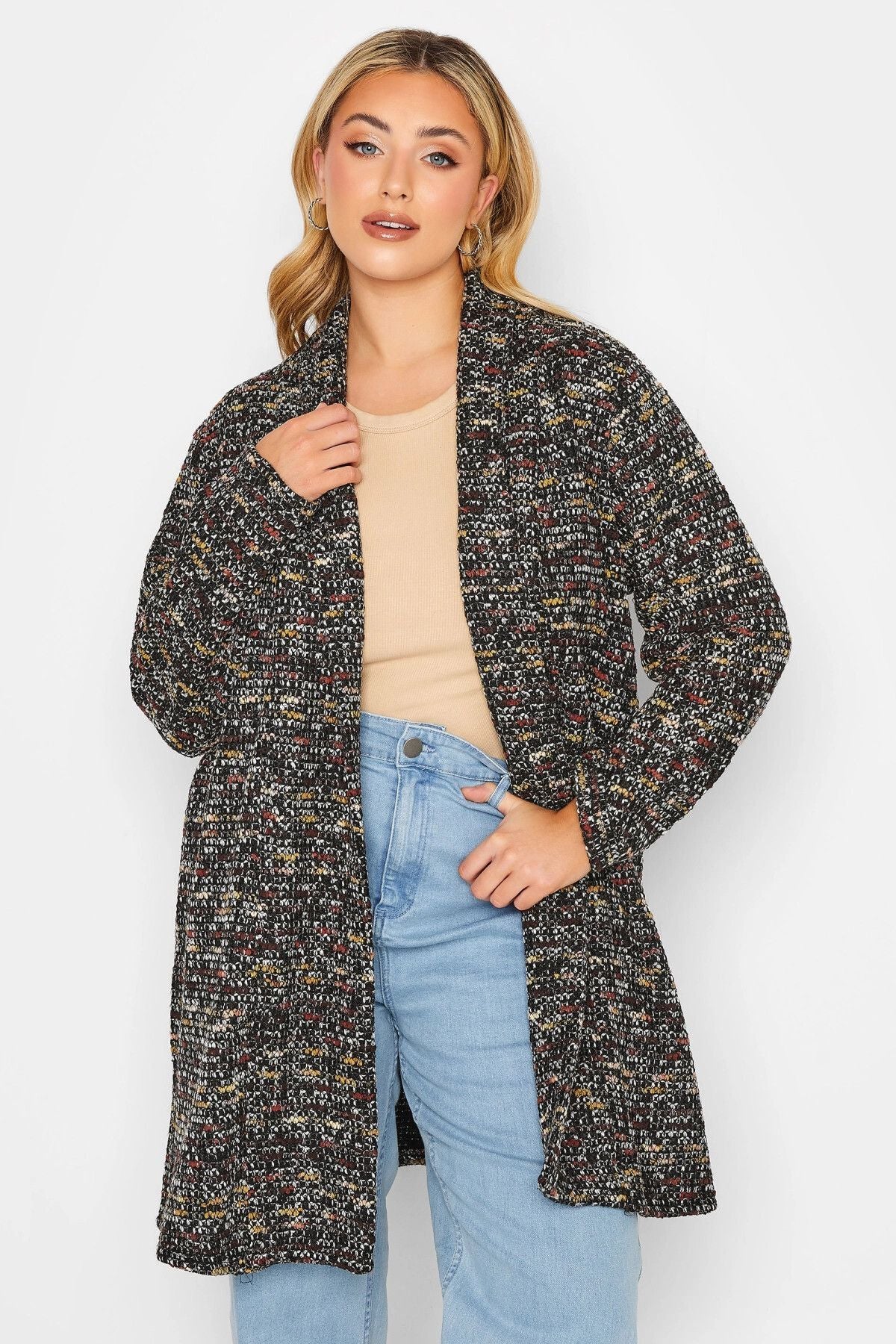 Büyük Beden Dokulu Uzun Kollu Düğmesiz Uzun Kesim Hırka 301571