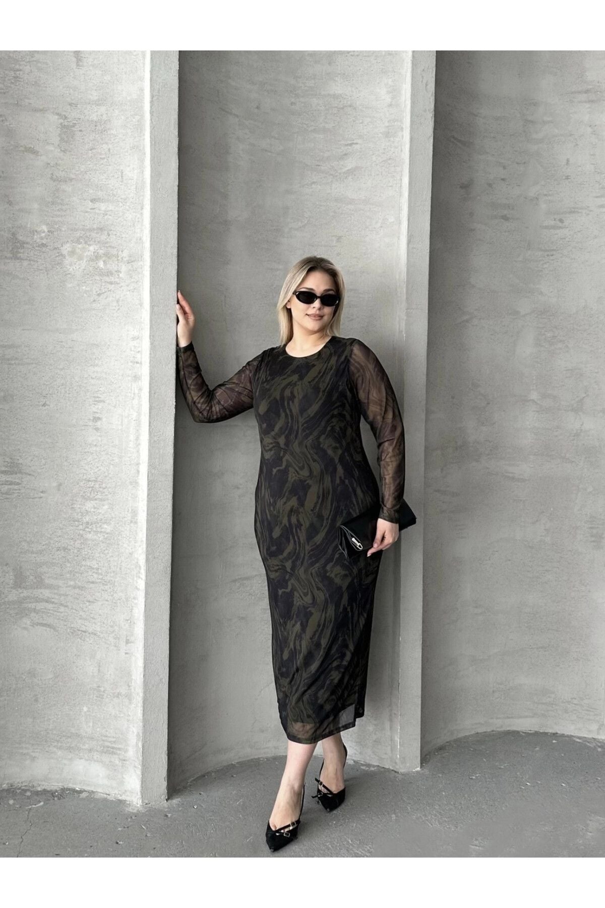 Büyük Beden Uzun Tül Kol Astarlı Mesh Midi Elbise 216292