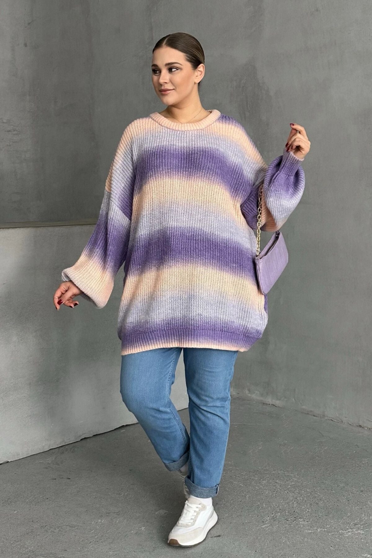 Büyük Beden Uzun Kollu Bisiklet Yaka Renk Bloklu Triko Kazak DG-06