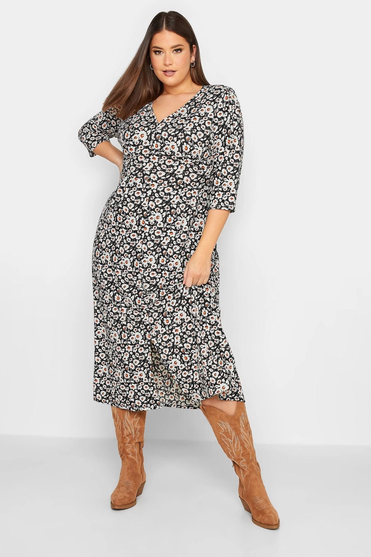 Büyük Beden V Yaka Fakir Kol Çiçek Desenli Midi Boy Elbise 301865