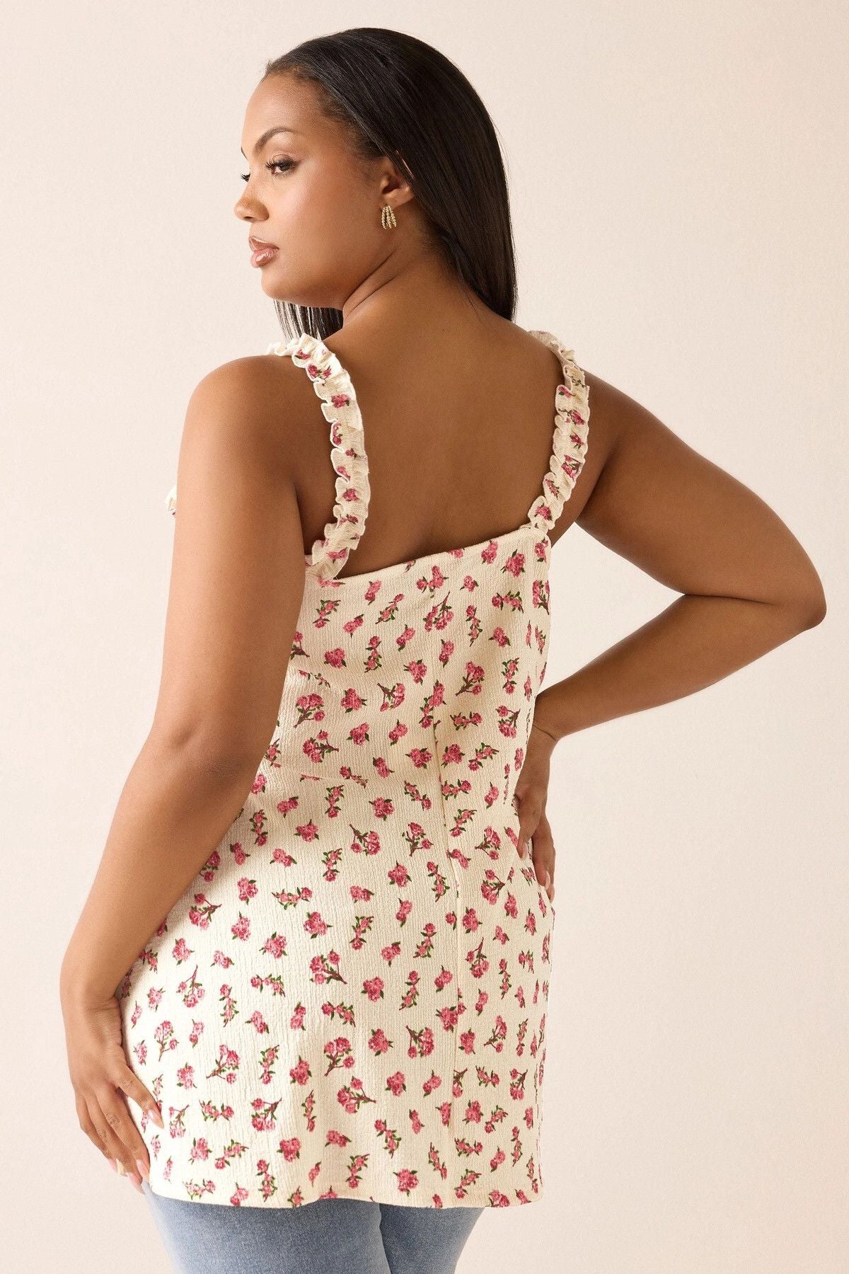 Büyük Beden Çiçek Desenli Bürümcük Kumaş Kare Yaka Kolsuz Bluz 322688