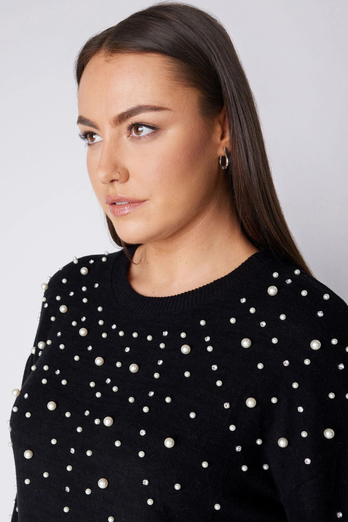 Büyük Beden Bisiklet Yaka Balon Kol İnci İşlemeli Triko Elbise 615159