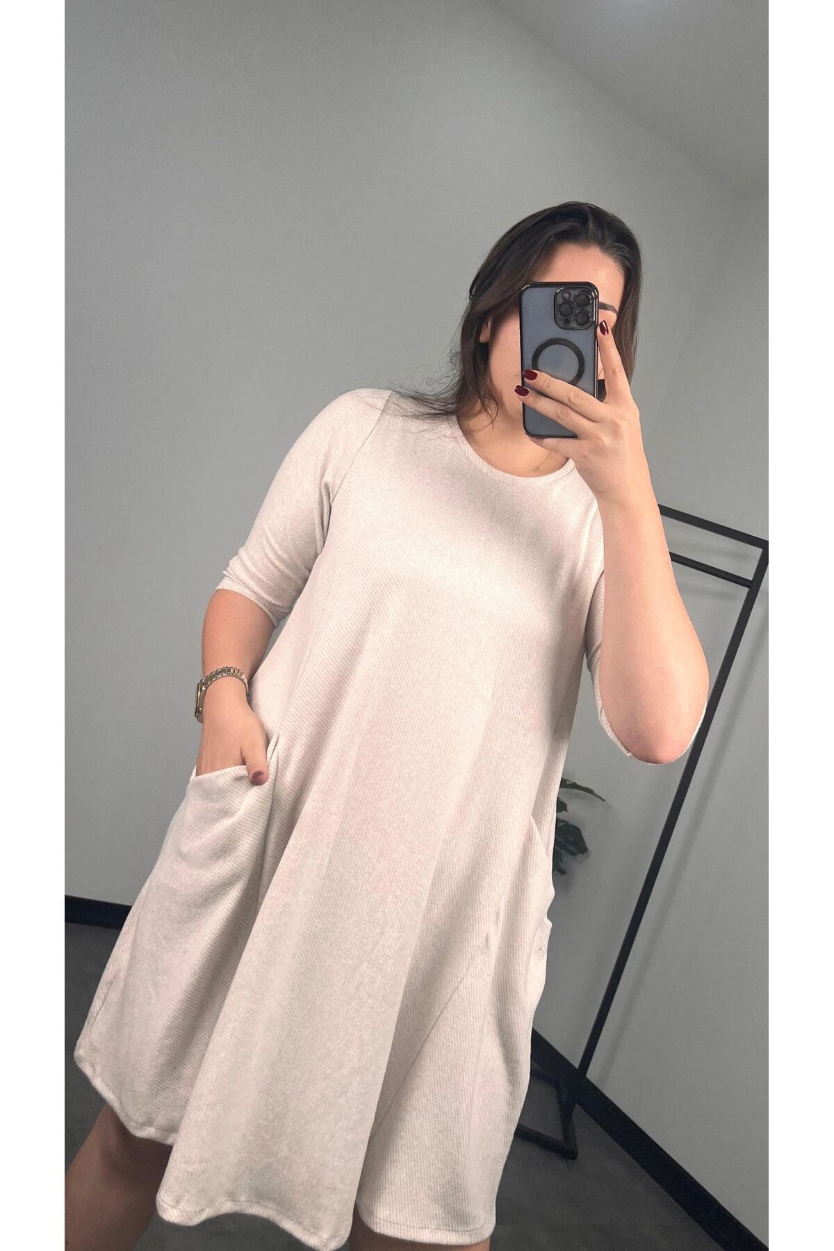 Büyük Beden Fakir Kol Bisiklet Yaka Cepli Elbise 301598