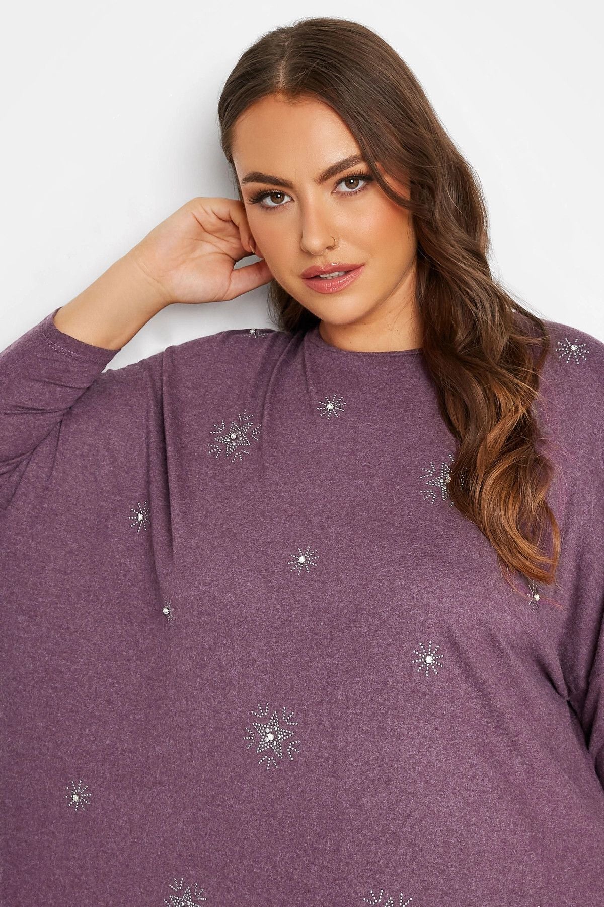 Büyük Beden Bisiklet Yaka Uzun Yollu Taş Detaylı Bluz 300223