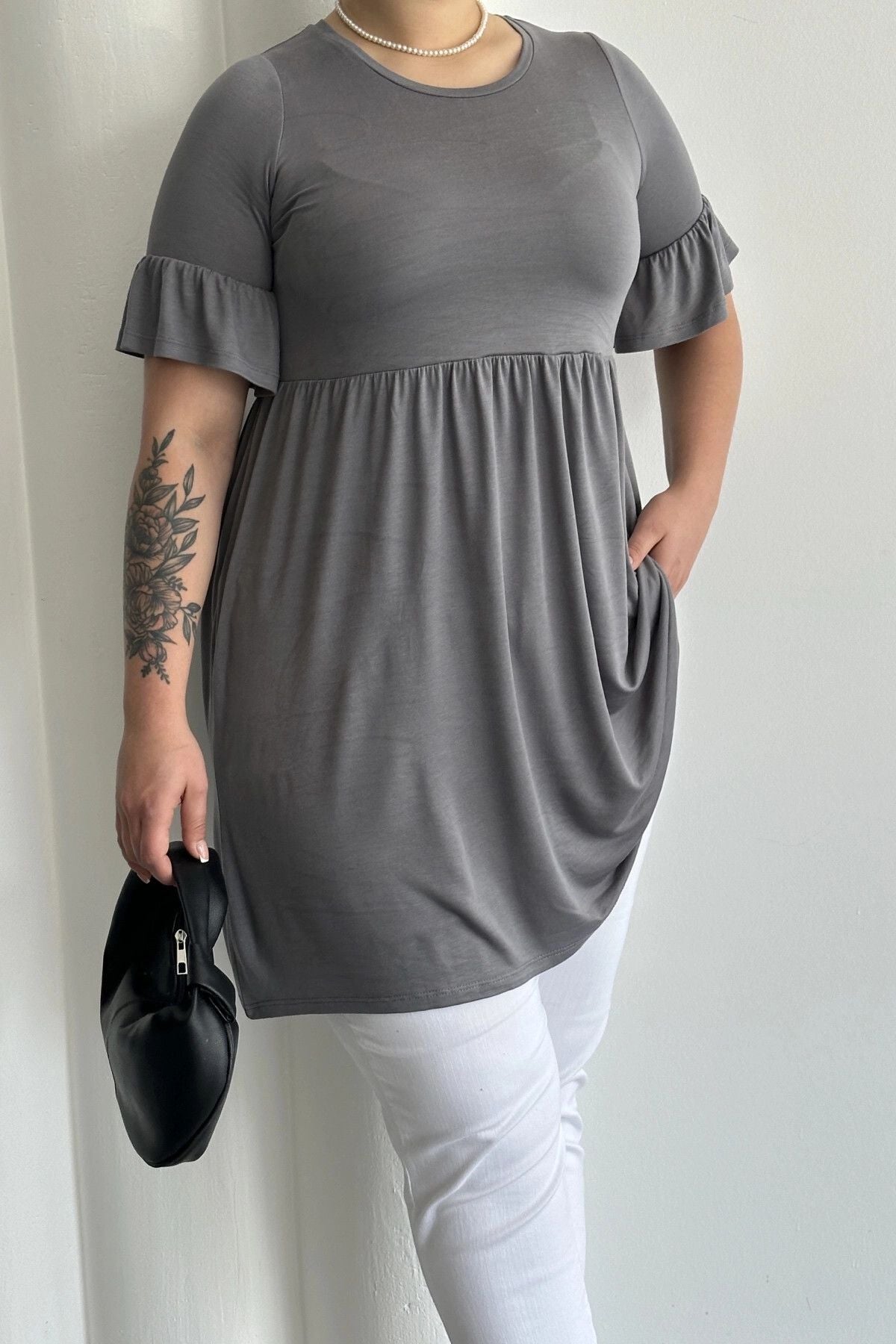 Büyük Beden Kol Detaylı Beli Lastikli Pileli Tunik T-shirt T43