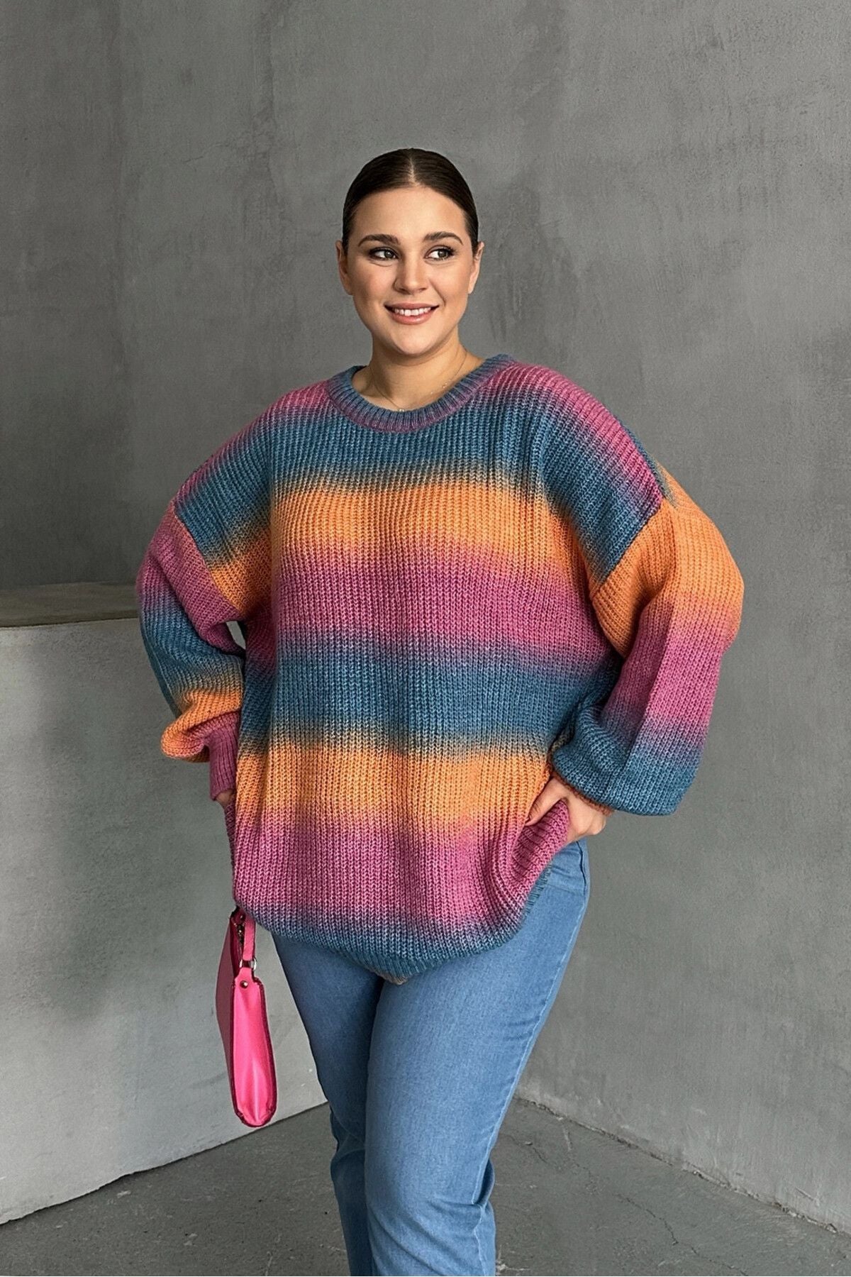 Büyük Beden Uzun Kollu Bisiklet Yaka Renk Bloklu Triko Kazak DG-09