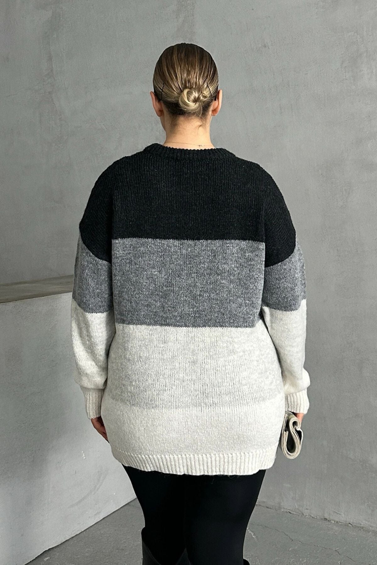 Büyük Beden Uzun Kollu Bisiklet Yaka Renk Bloklu Triko Kazak DG-04