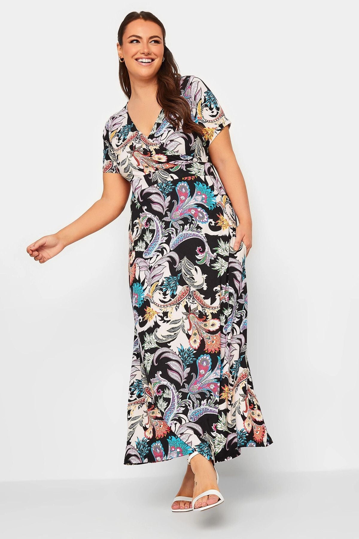 Büyük Beden V Yaka Kısa Kollu Likralı Anvelop Elbise 302224