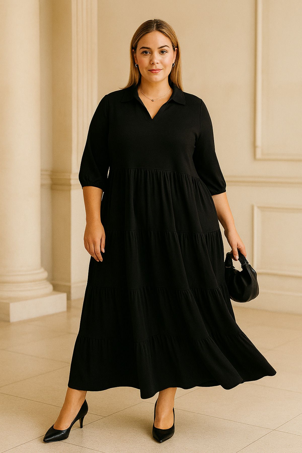 Büyük Beden V Yaka Yarım Kollu Beli Lastikli Uzun Elbise 302150