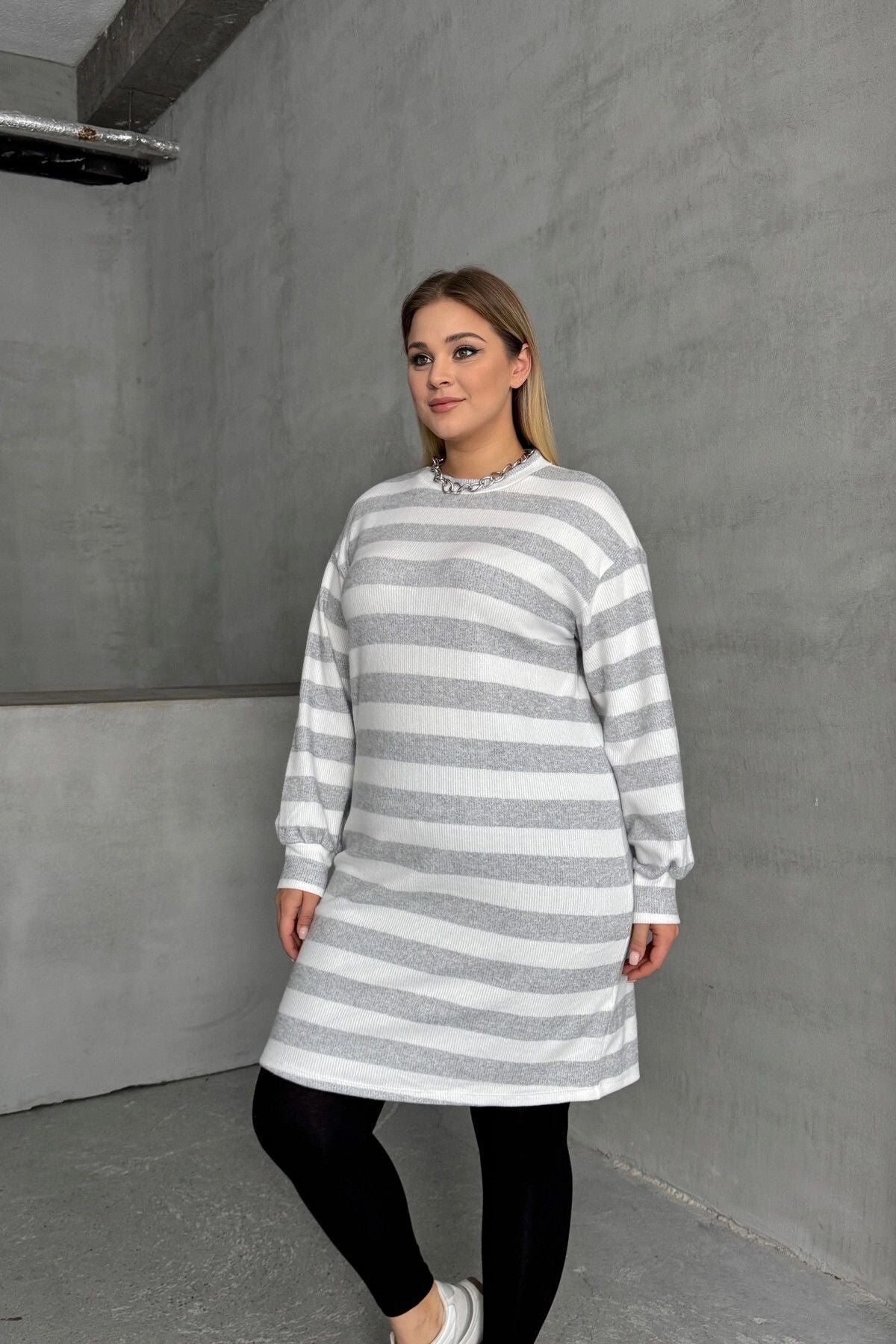 Büyük Beden Bisiklet Yaka Uzun Kollu Bileği Lastikli Çizgili Elbise 303063