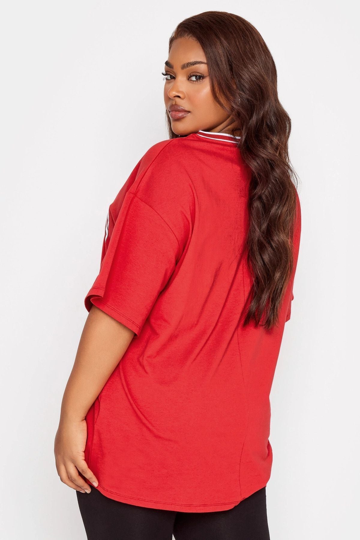 Büyük Beden Önü Baskılı V Yaka Yarım Kollu Uzun Kesim T-Shirt 302505