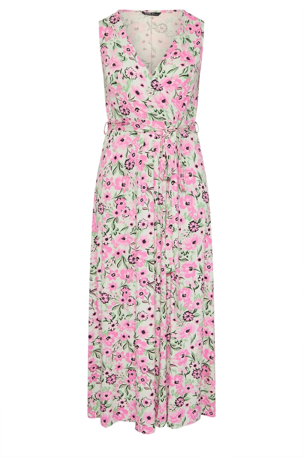 Büyük Beden V Yaka Sıfır Kol Beli Kuşaklı Desenli Maxi Elbise 303990