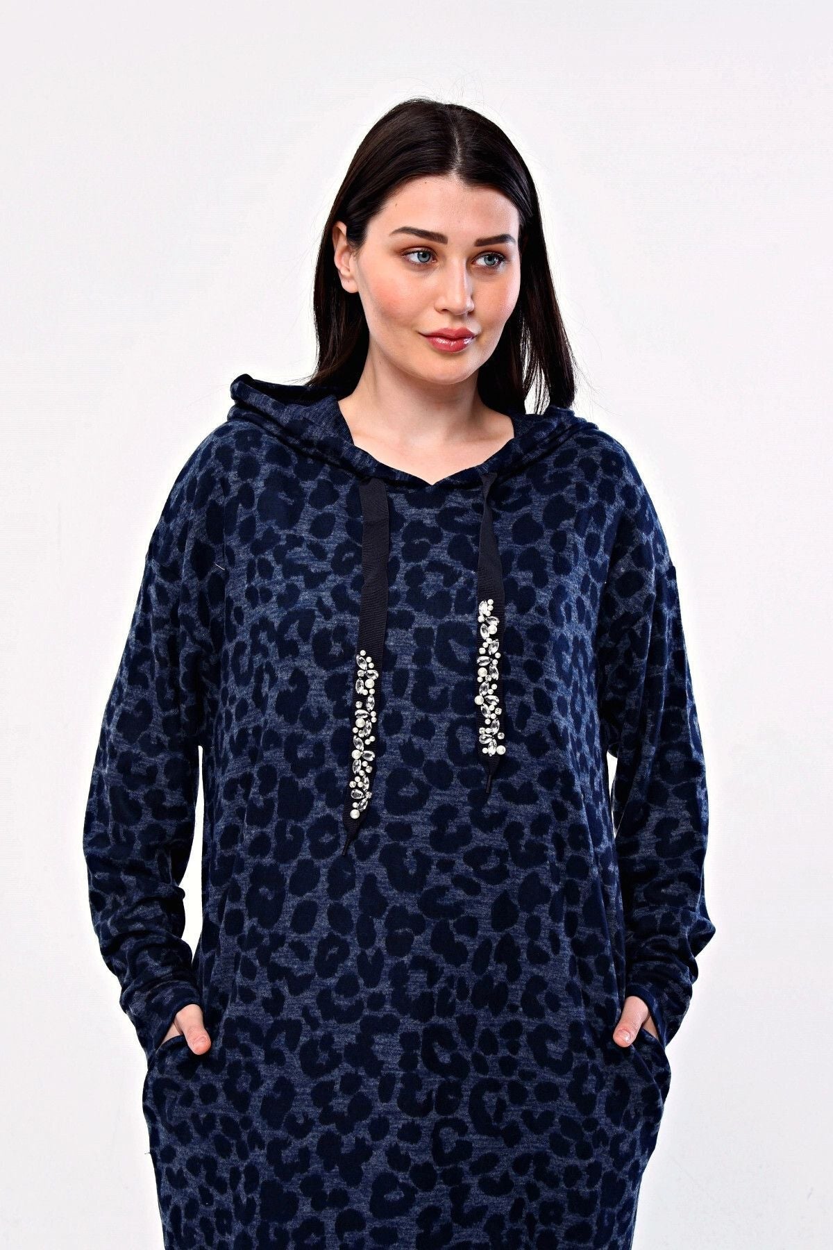 Büyük Beden Leopar Desenli Kapüşonlu Cepli Tunik 301804