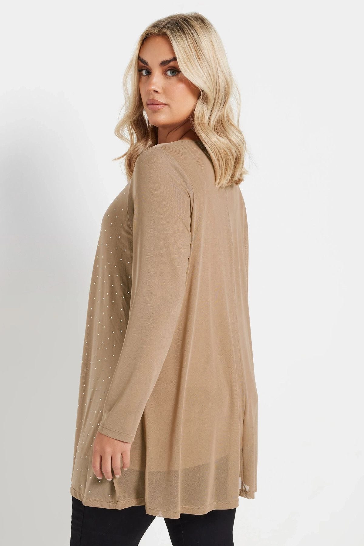 Büyük Beden Uzun Kollu İçi Astarlı Taş İşlemeli Bluz 303787