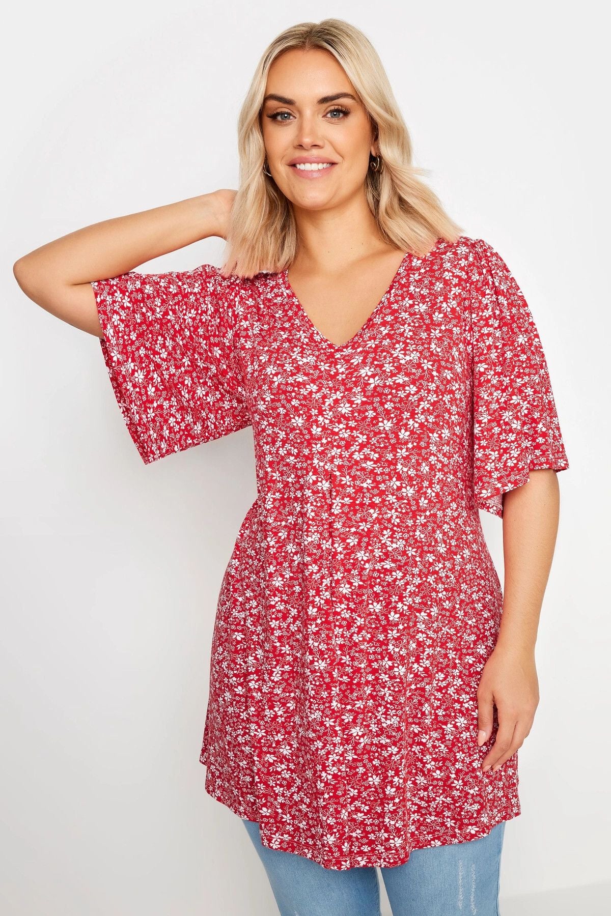 Büyük Beden V Yaka Desenli Asimetrik Kesim Likralı Bluz 321766