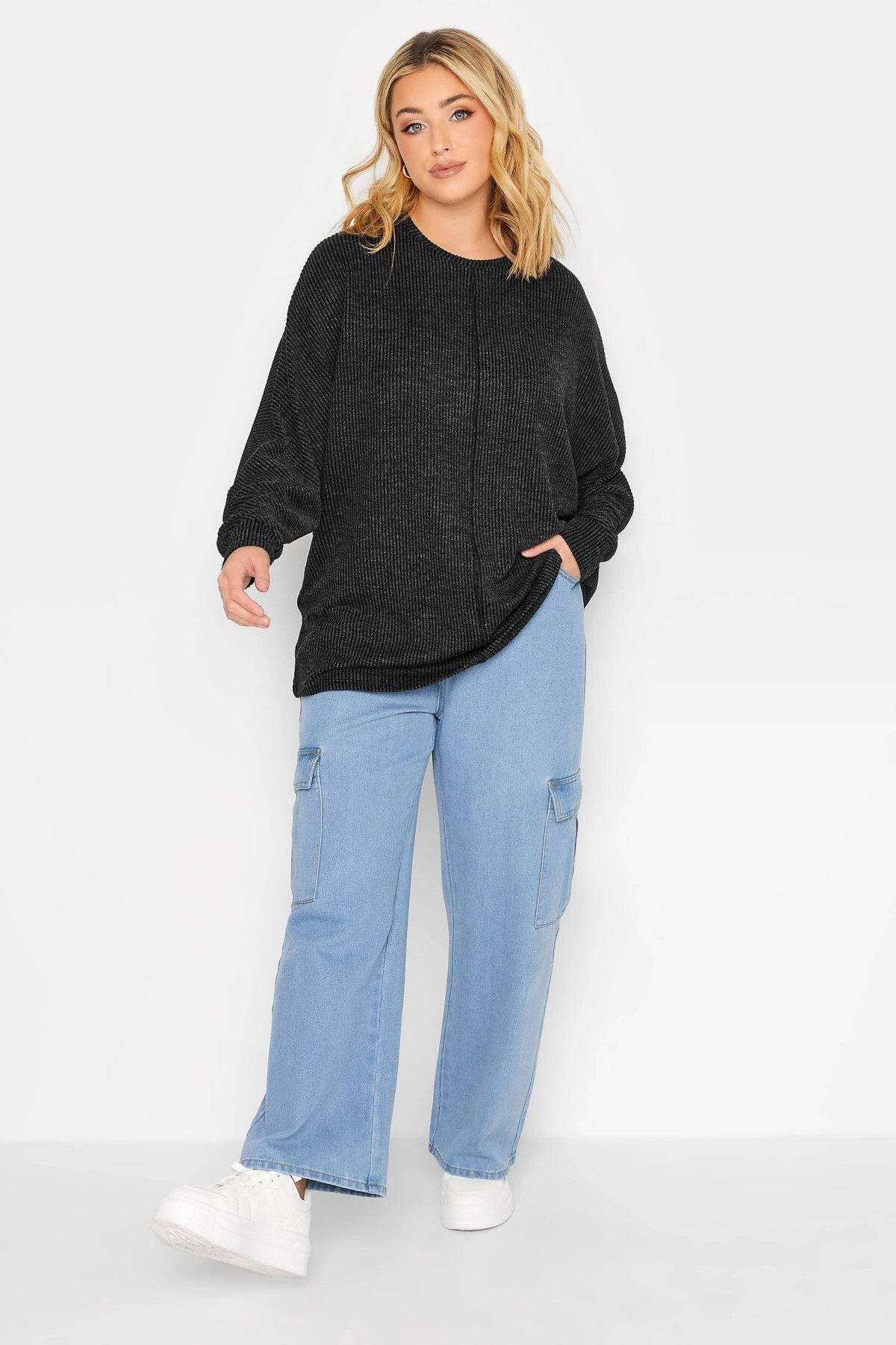 Büyük Beden Bisiklet Yaka Önü Dikiş Detaylı Uzun Kollu Bluz 301415