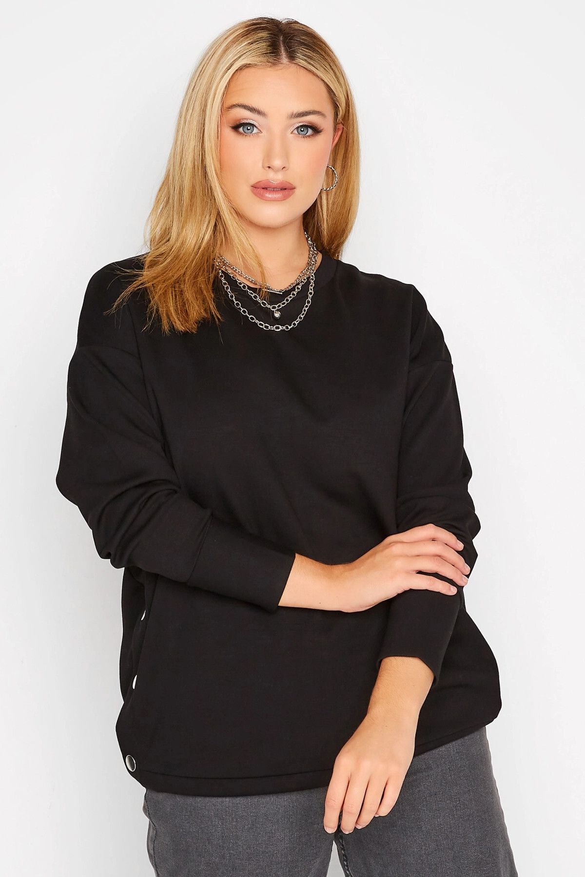 Büyük Beden Bisiklet Yaka Yanları Çıt Çıt Detaylı Sweatshirt 301173