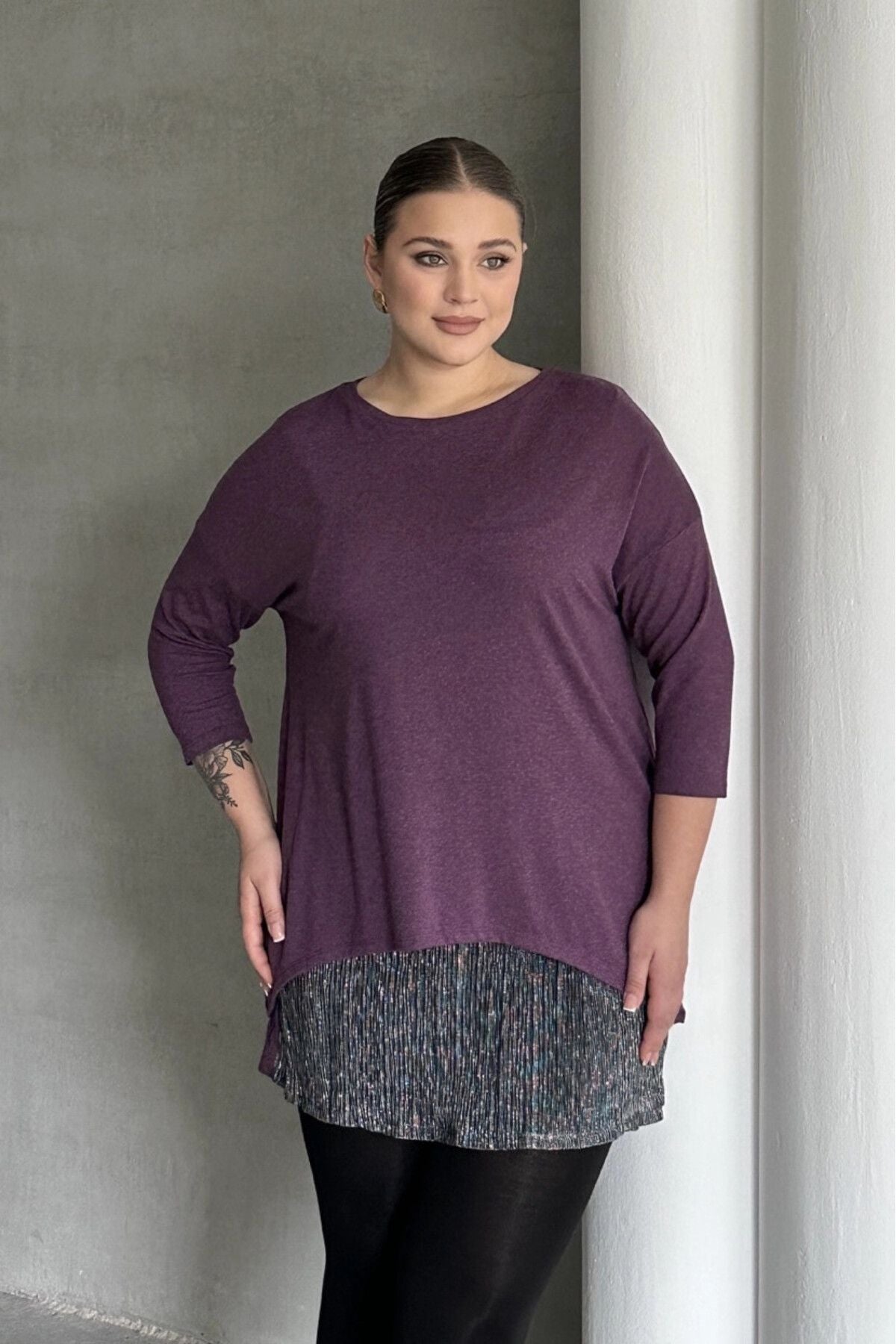 Büyük Beden Eteği Tül Detaylı Uzun Kollu İnce Bluz 84-106