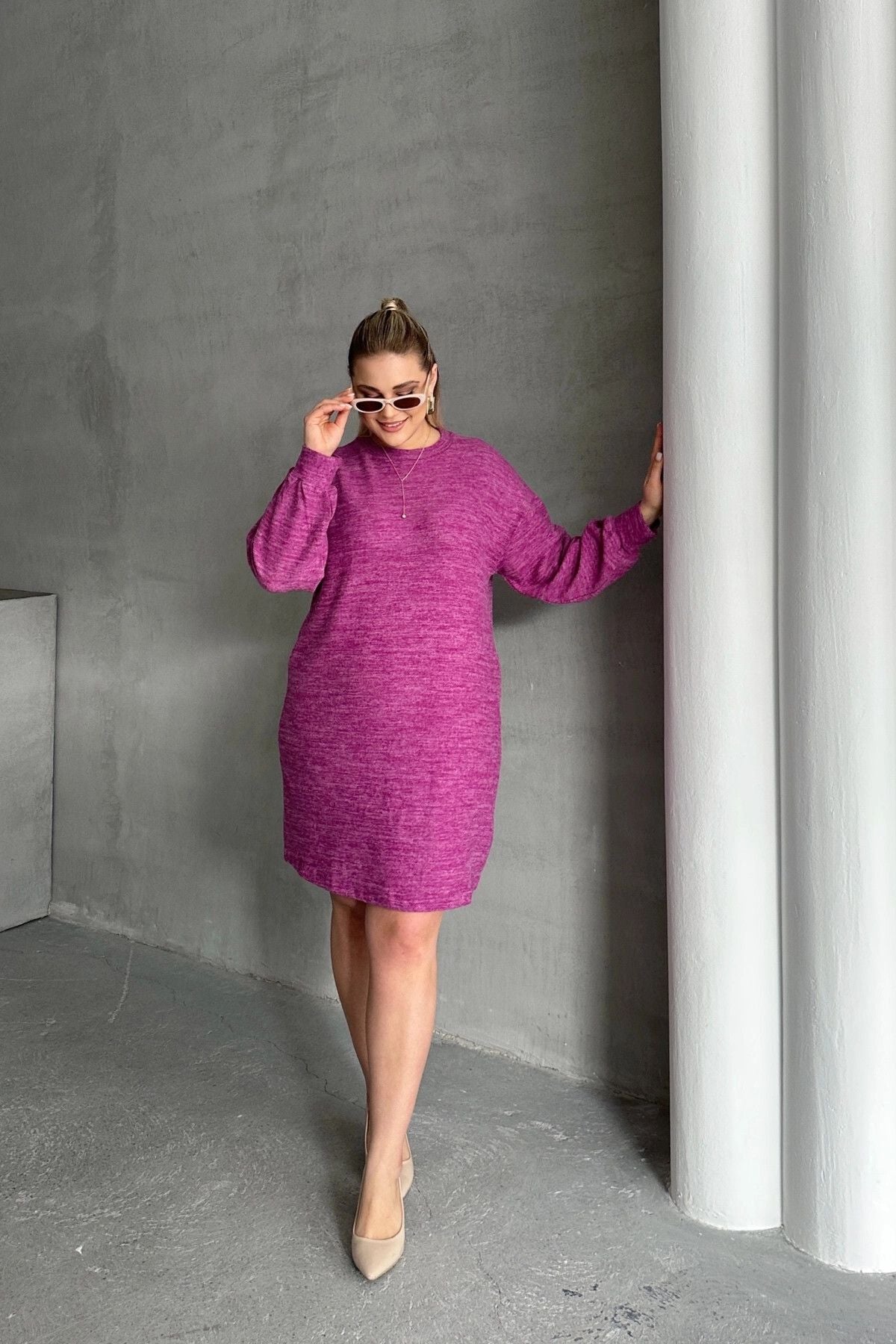 Büyük Beden Uzun Kollu Bisiklet Yaka Kırçıllı Elbise 84-162