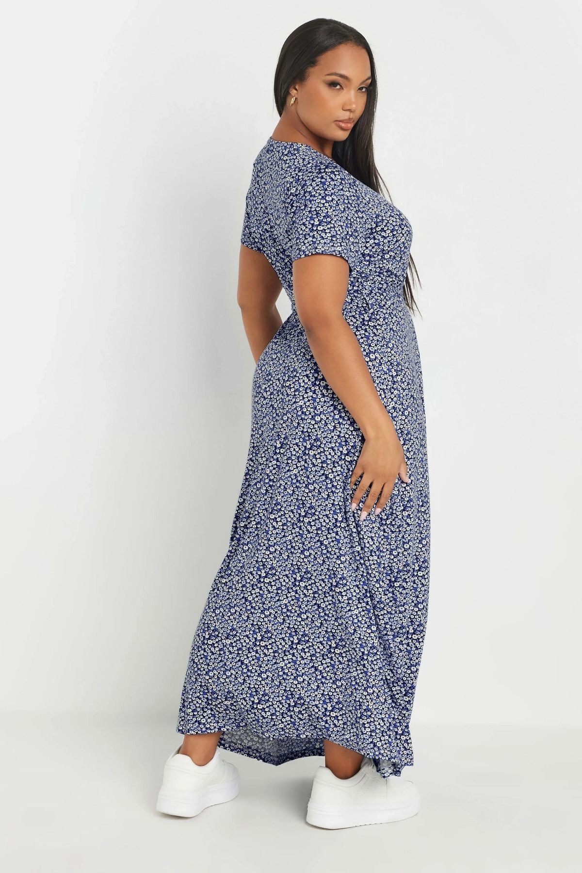 Büyük Beden V Yaka Kısa Kollu Önü Kuşaklı Maxi Elbise 303506