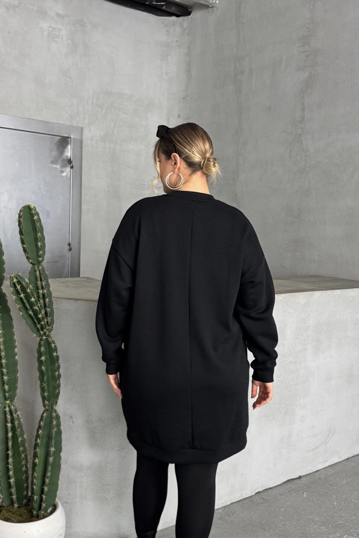 Büyük Beden Yılbaşı Temalı Bisiklet Yaka Uzun Kollu Cepli Sweatshirt Elbise 303827