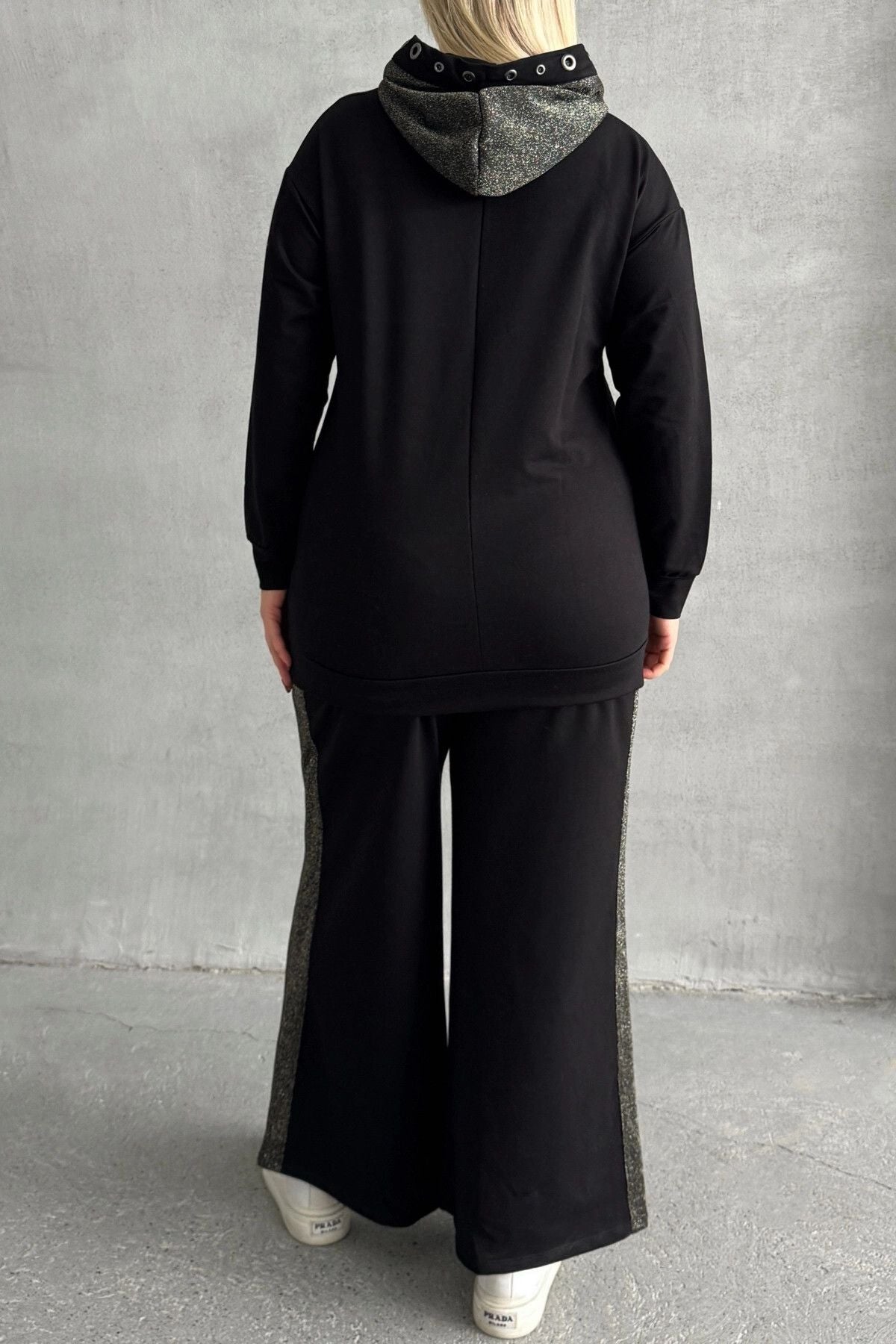 Büyük Beden Uzun Kollu Kapüşonu Desenli Beli Lastikli Sweatshirt 106-73