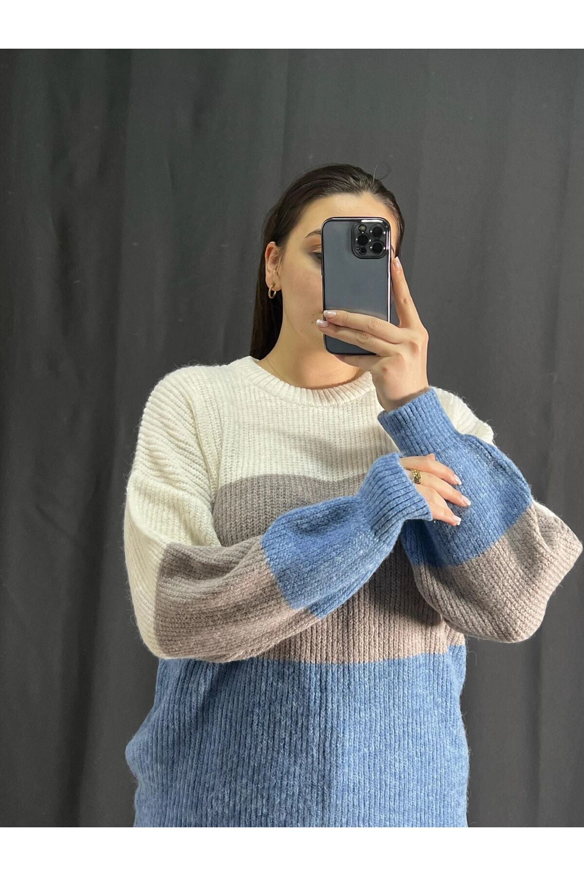 Büyük Beden Bisiklet Yaka Renk Geçişli Uzun Kollu Triko Kazak 302344