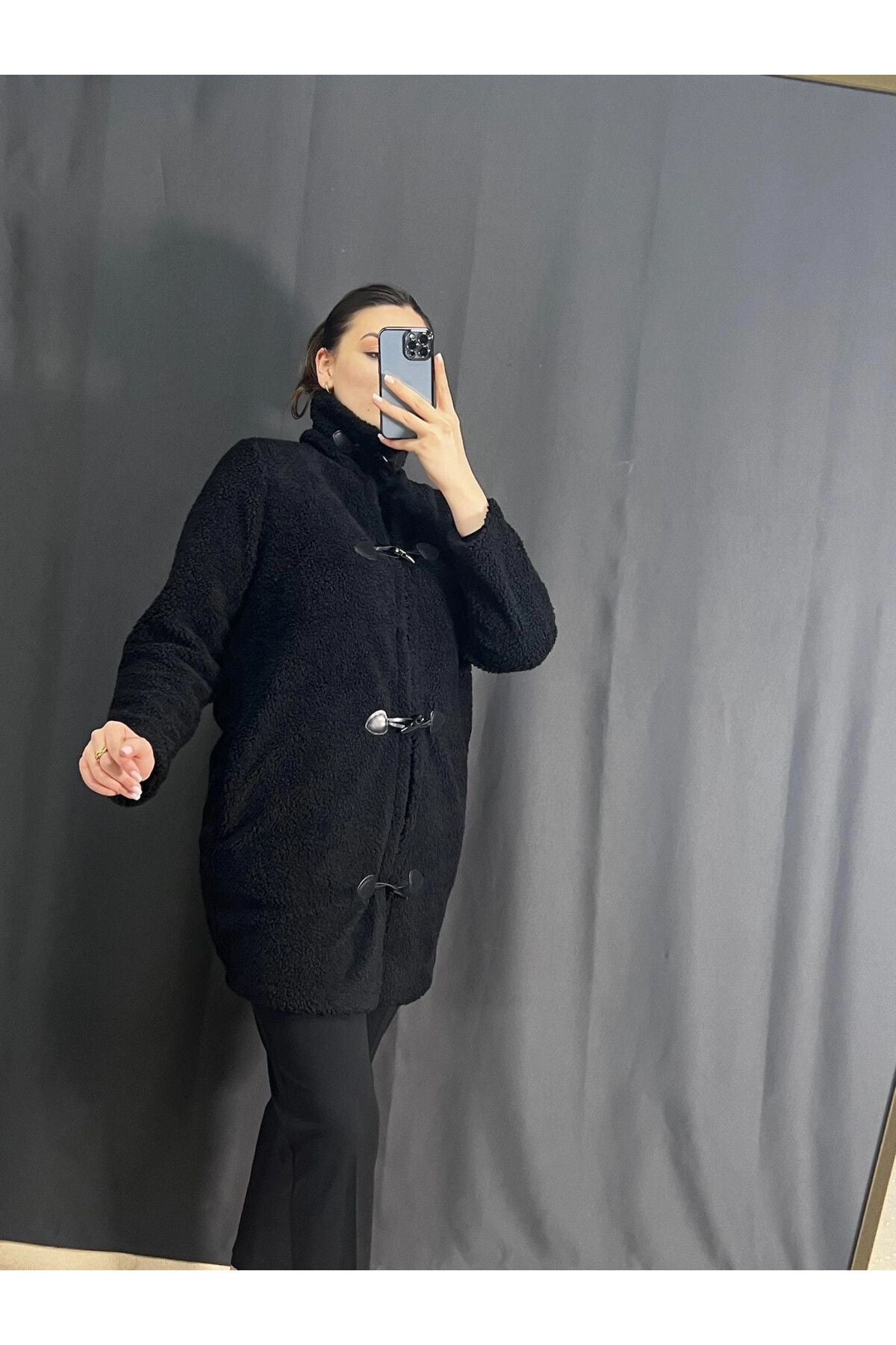 Büyük Beden Boğazlı Önü Kapamalı Cepli Peluş Kaban 302660