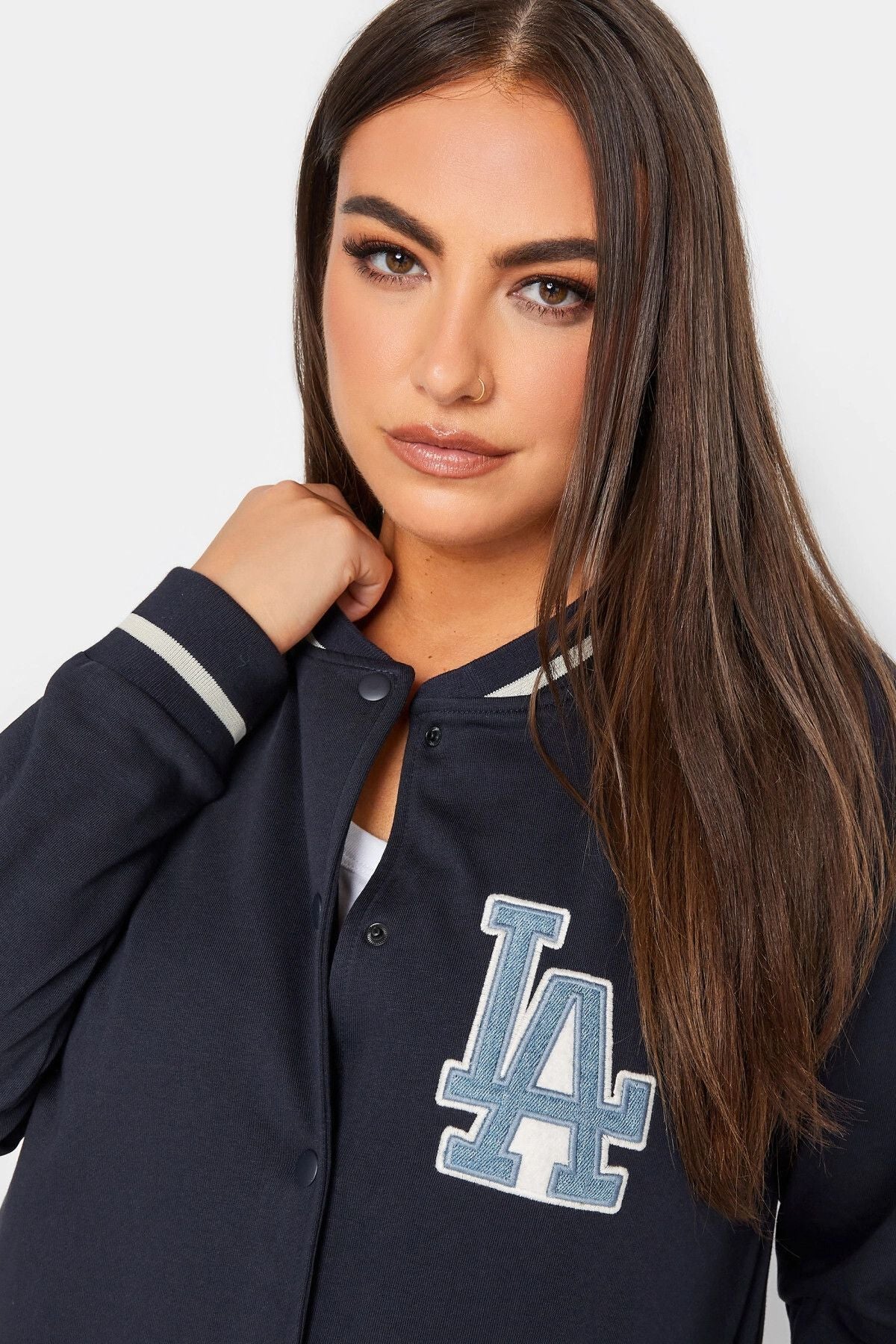 Büyük Beden Baskılı Düğmeli Uzun Kollu Kolej Bomber Ceket 302026