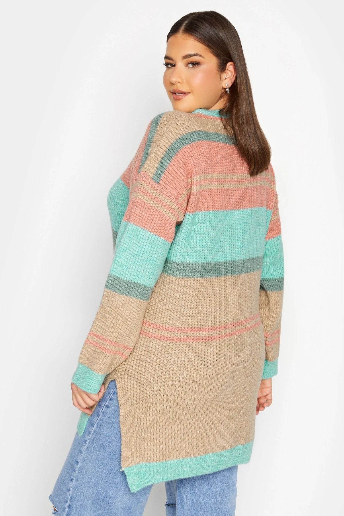 Büyük Beden Çizgili Yuvarlak Yaka Yırtmaç Detaylı Triko Kazak 301832