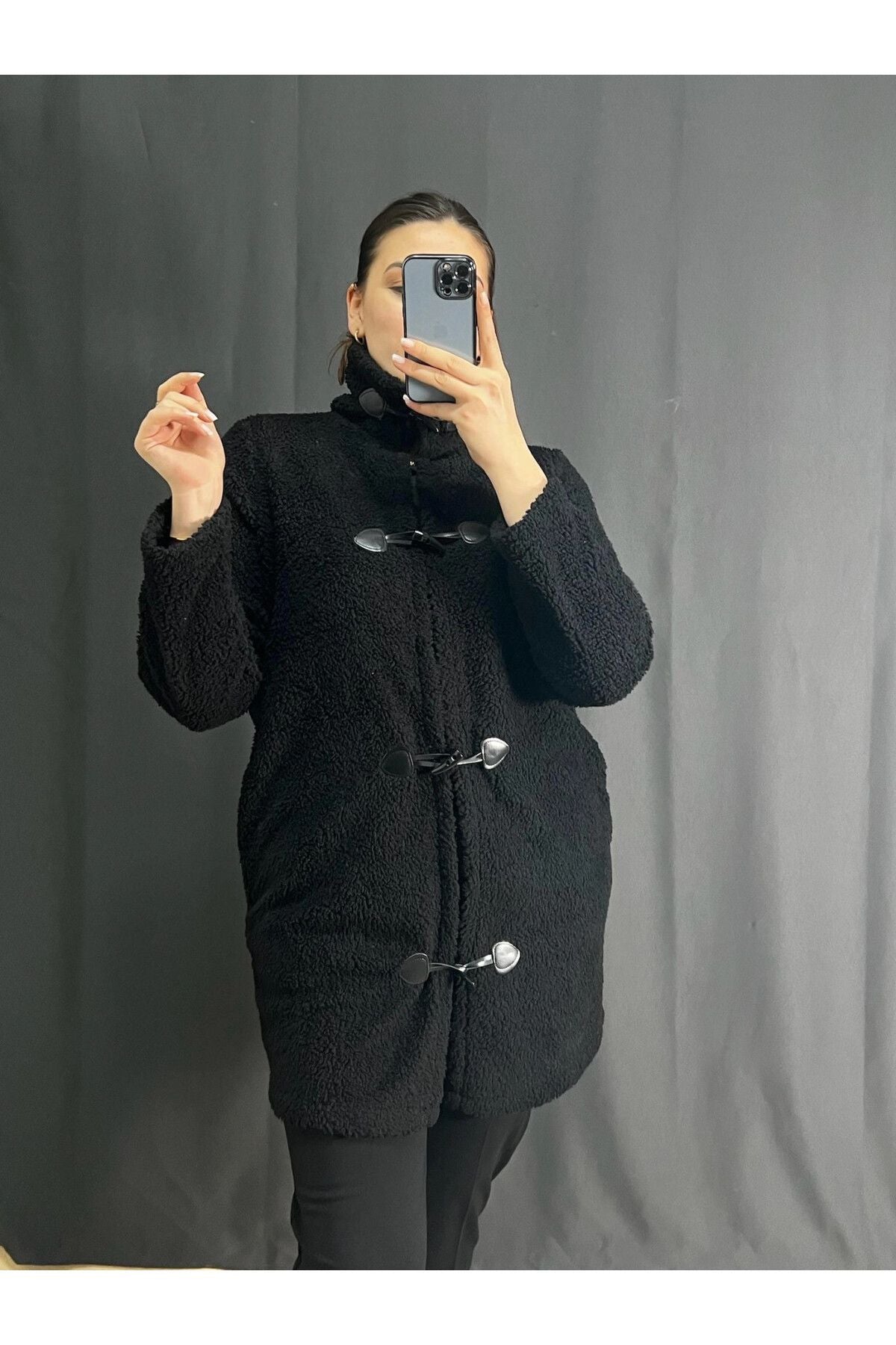 Büyük Beden Boğazlı Önü Kapamalı Cepli Peluş Kaban 302660