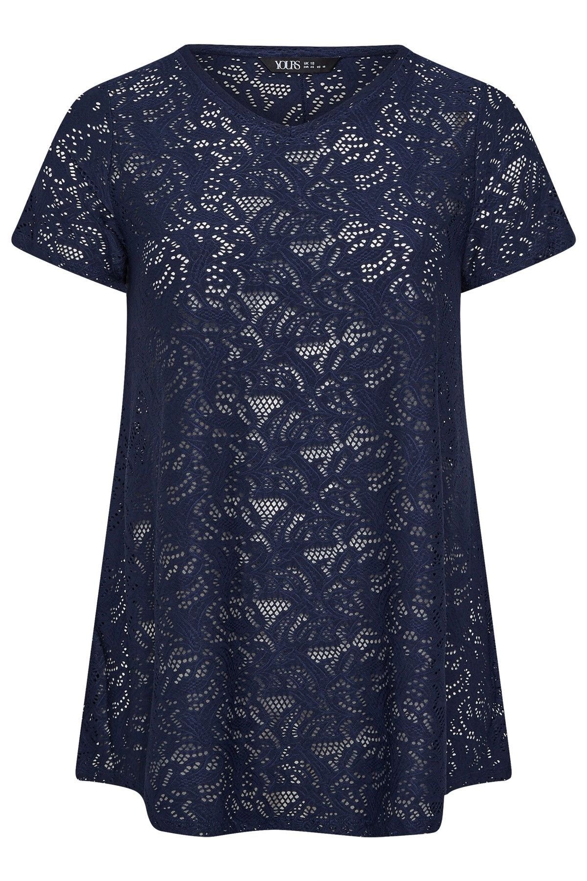 Büyük Beden V Yaka Kısa Kollu Astarsız Dantel T-shirt 304095