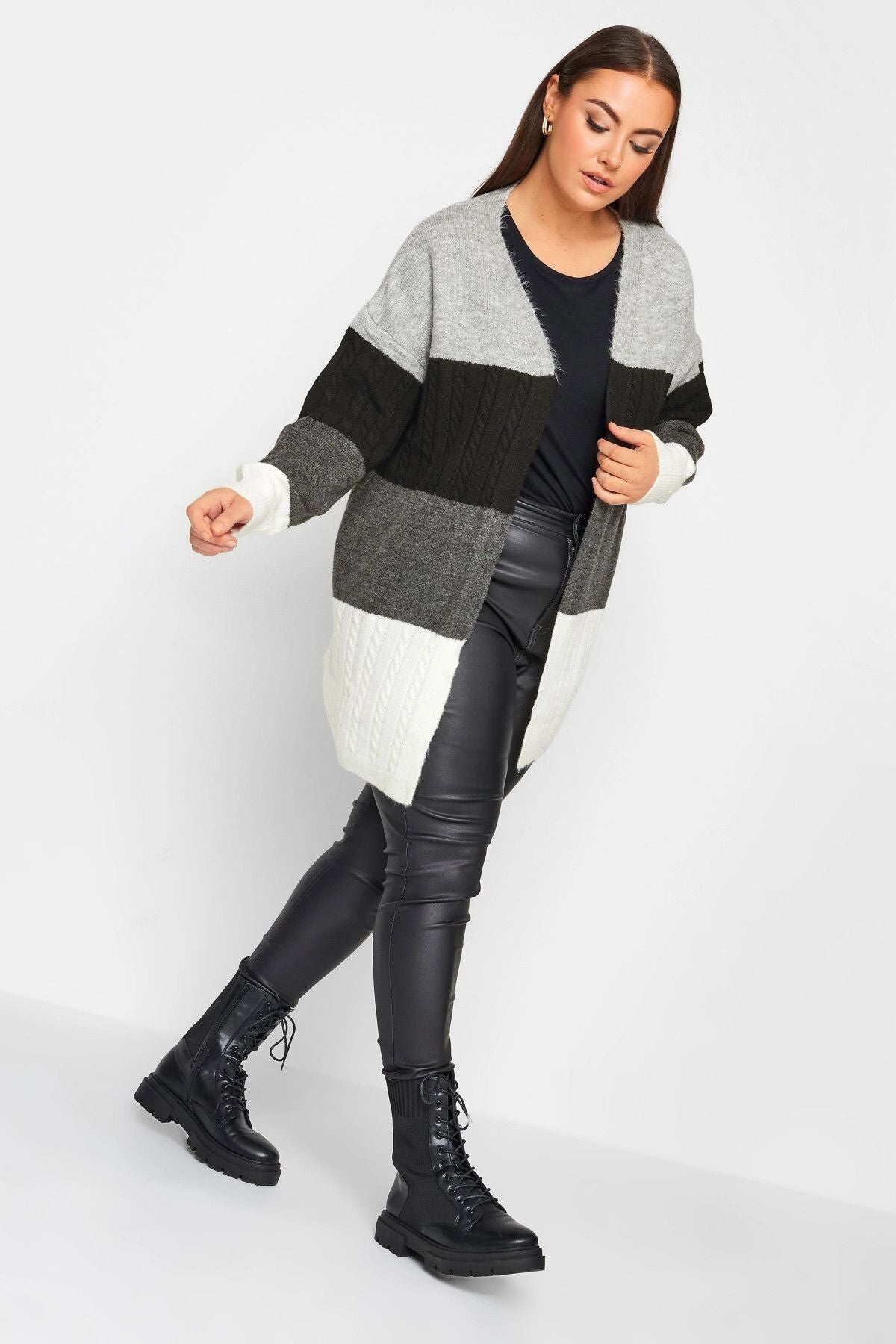 Büyük Beden Midi Boy Çizgili Uzun Kollu Triko Örme Hırka 302144