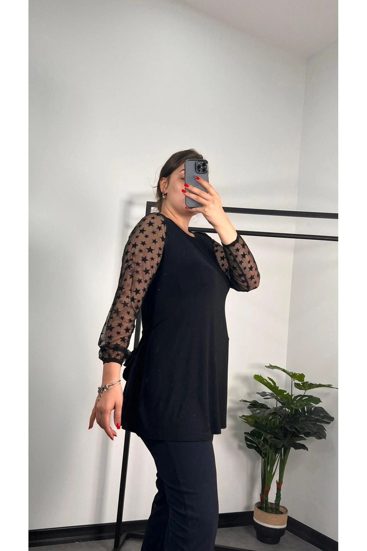 Büyük Beden Bisiklet Yaka Kolları Tül Detaylı Kemerli Bluz 300309