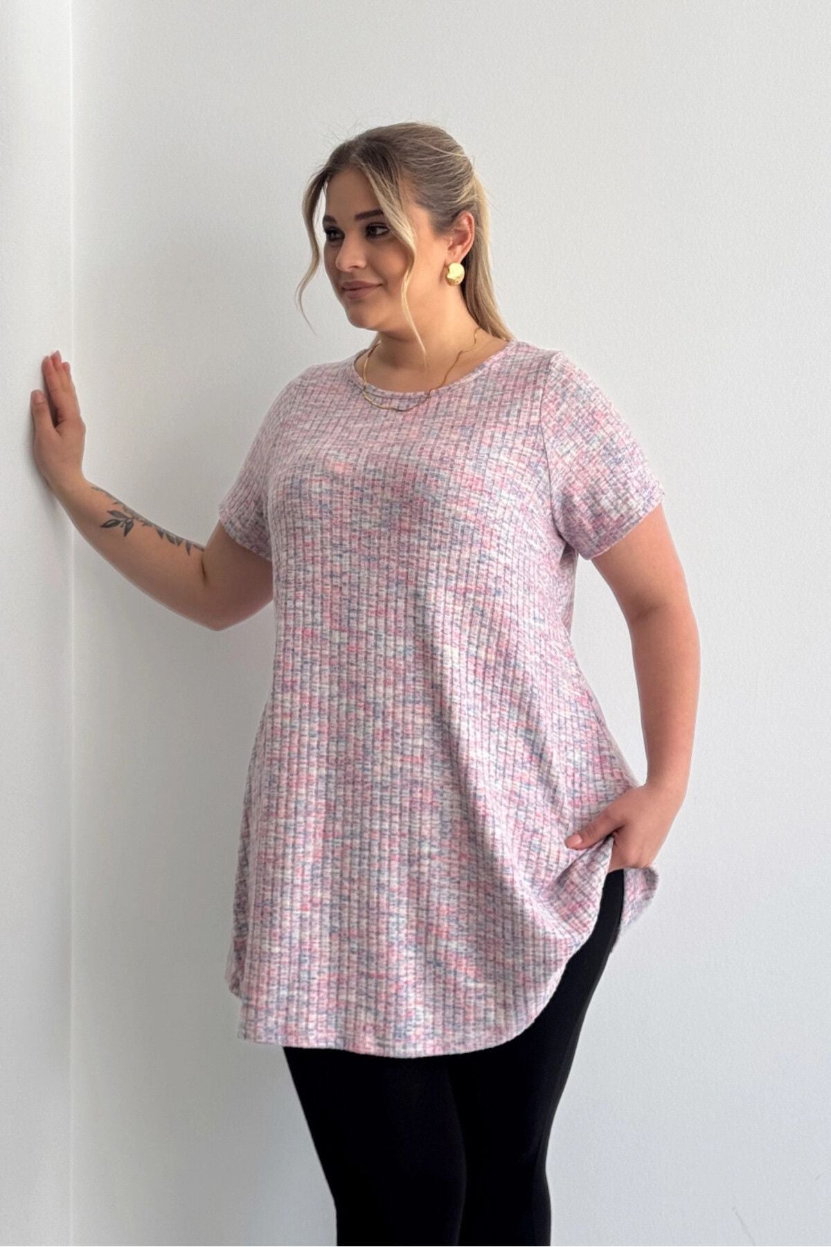 Büyük Beden Bisiklet Yaka Kısa Kollu Fitilli Kırçıllı Bluz 101-29