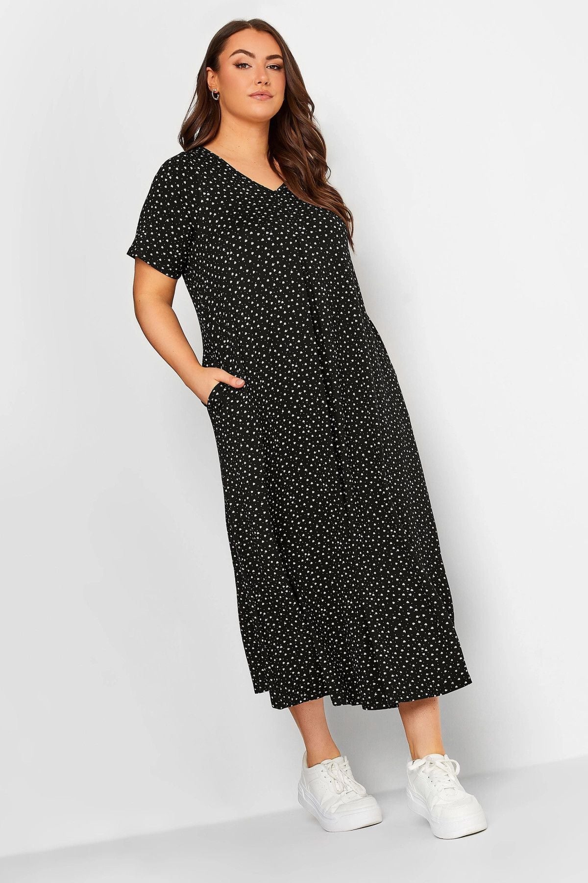 Büyük Beden V Yaka Kısa Kollu Cepli Uzun Elbise 302054