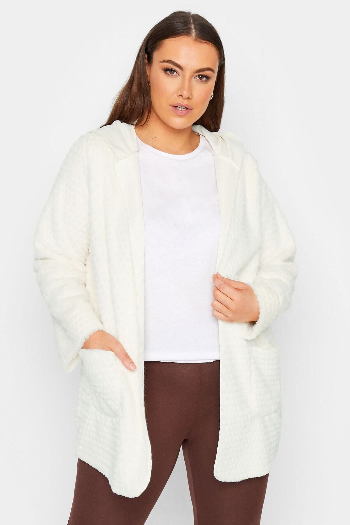 Büyük Beden Uzun Kollu Kapüşonlu Cepli Suni Kürk İnce Ceket 301653