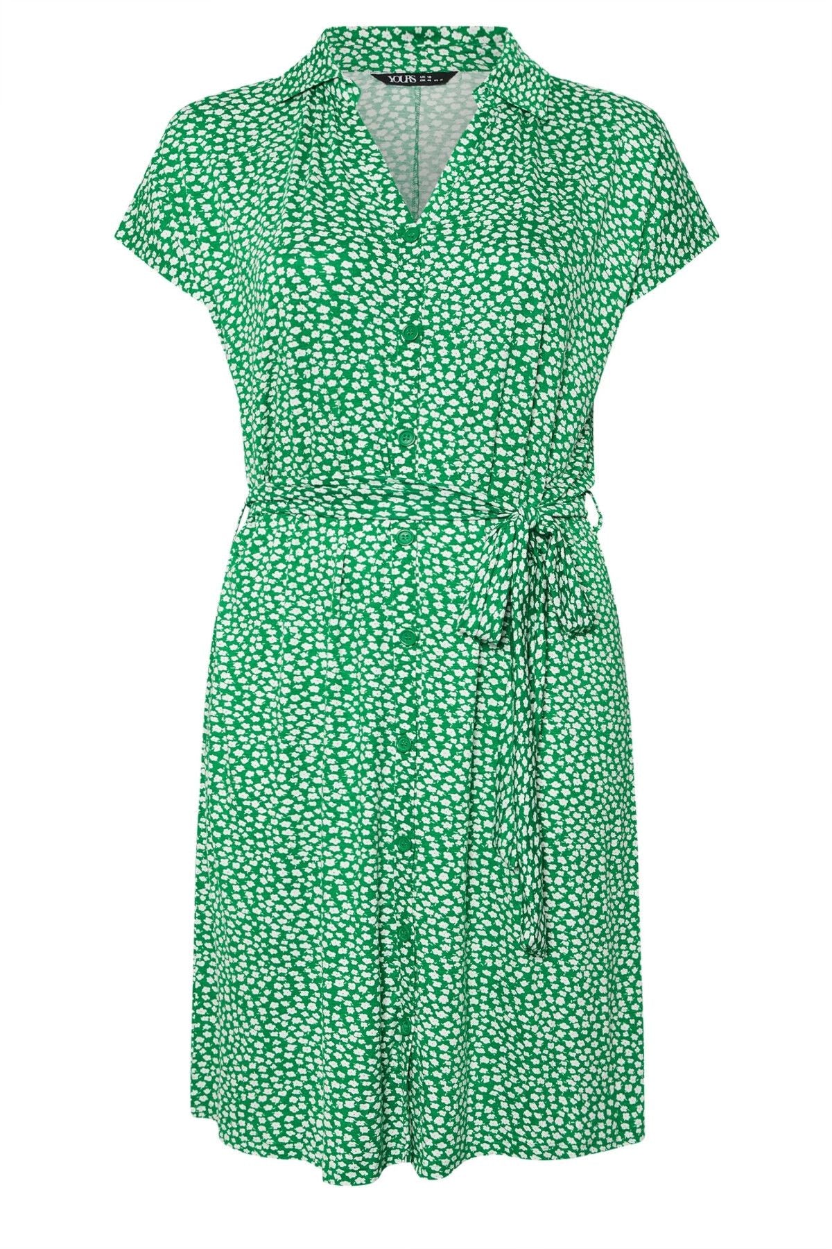 Büyük Beden Çiçek Desenli Midi Boy Beli Kuşaklı Düğmeli Elbise 303329